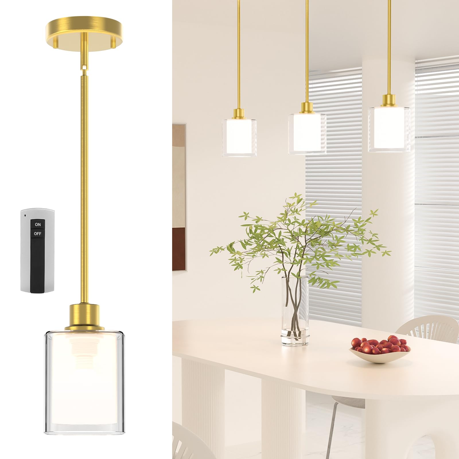 Lightbiz Pendant Light - Adjustable Height, Dual Glass, 3 Color Temperatures, Brushed Gold, Model L400, 1 Pack