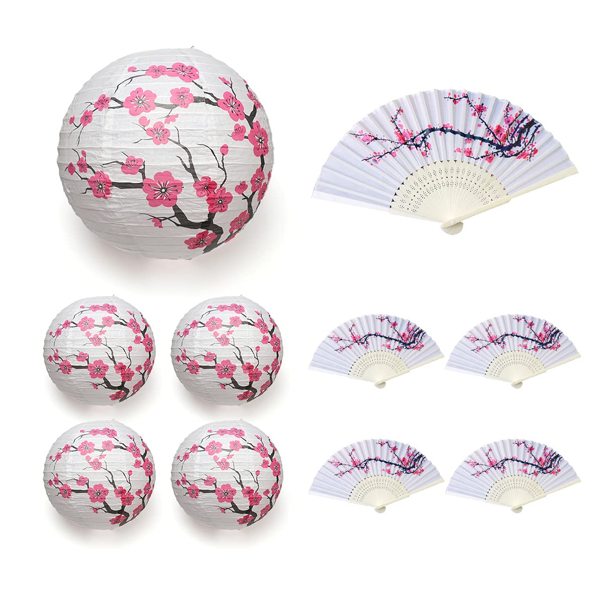 5Pcs Chinese Japanese Cherry Design Paper Lamp For Shade And 5Pcs Silk Folding Hand Fan For Church Wedding Gift Party Favors Diy Decoration