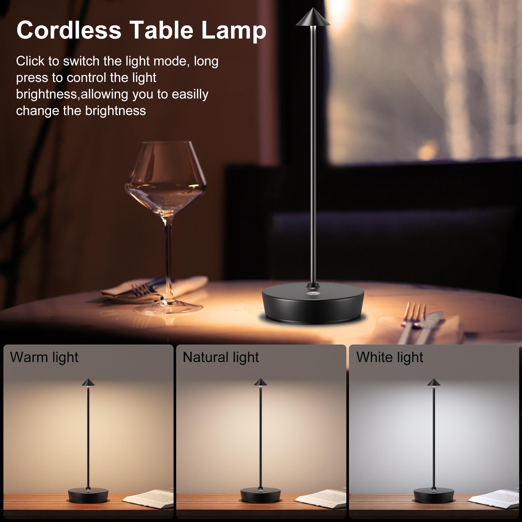 JALVDE Cordless Table Lamp, Rechargeable LED, Dimmable, Aluminum, Black, 2 Pack, Model D-W-07