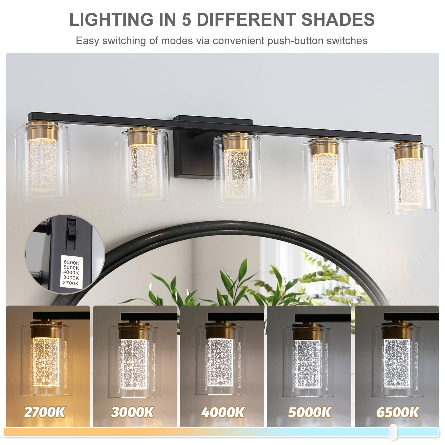Emong 5-Light Black&Gold Bathroom Light Fixtures,Dimmable 5Cct Led Vanity Lights With Clear Glass,2700K-6500K Adjustable Crystal Bubble Black Bathroom Vanity Light Over Mirror For Hallway