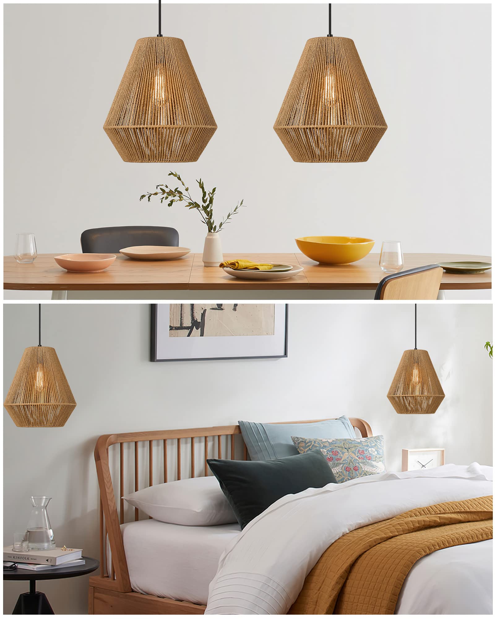 Elyona 12&quot; Woven Pendant Light, Boho Rattan Hanging Lamp For Kitchen, Dining, Bedroom, Hallway