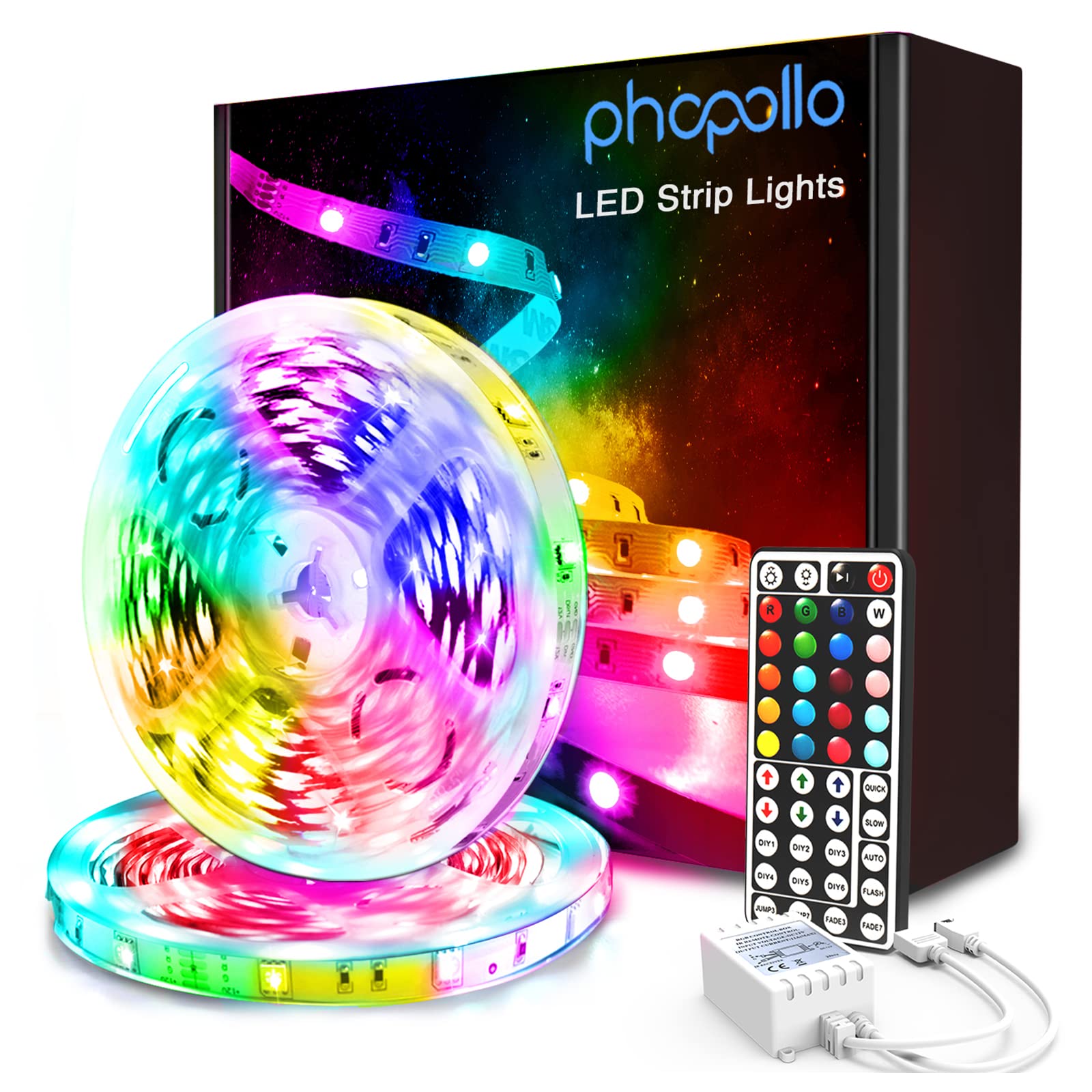 phopollo LED Strip Lights, 32.8ft Color Changing, Vinyl, Multicolor, Model LS-P502-RGB-US, with 12V Power Supply and 44-Key Remote