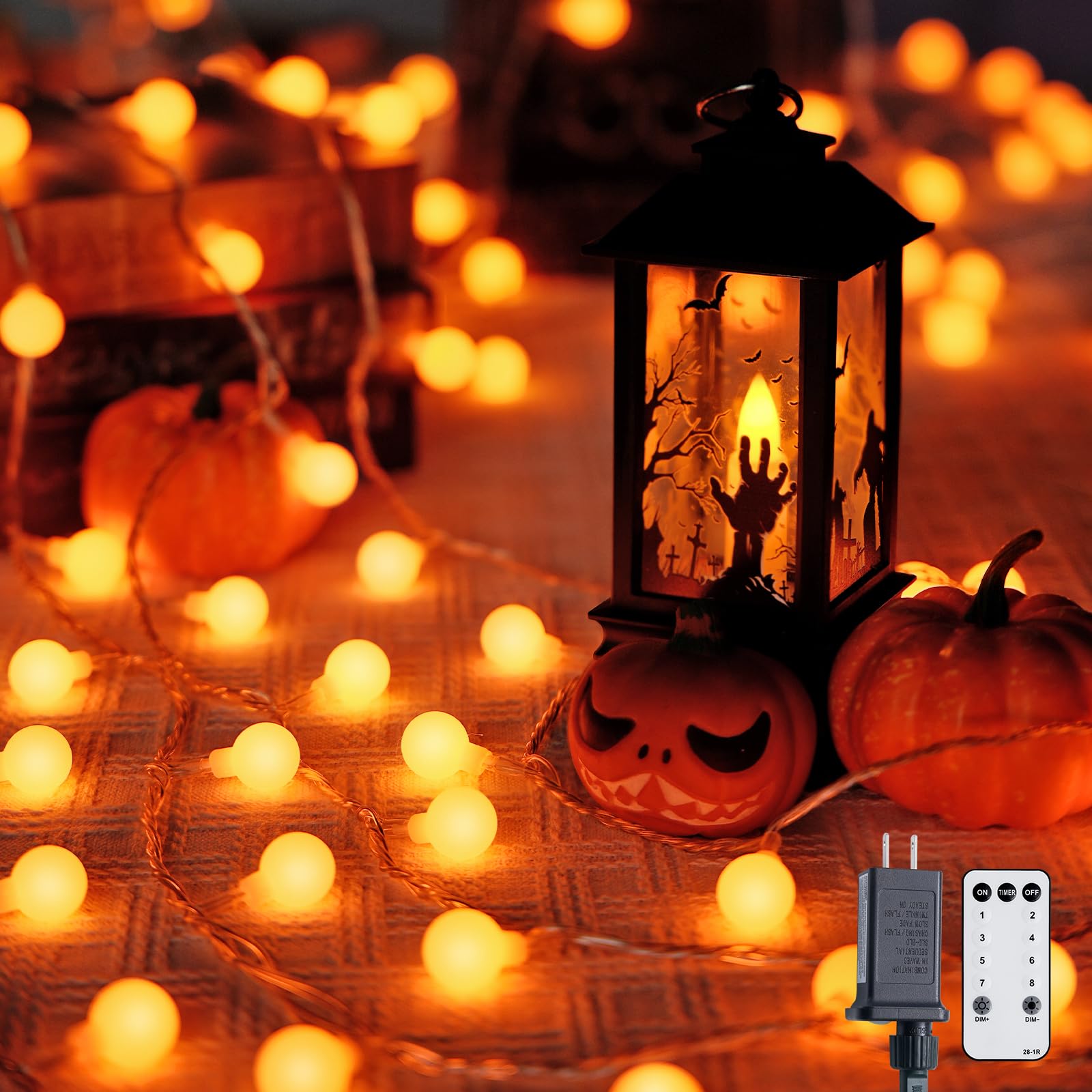 JMEXSUSS Orange Halloween String Lights Indoor, Connectable 100 LED Globe String Lights Plug in with Remote, 33ft 8 Modes Orange