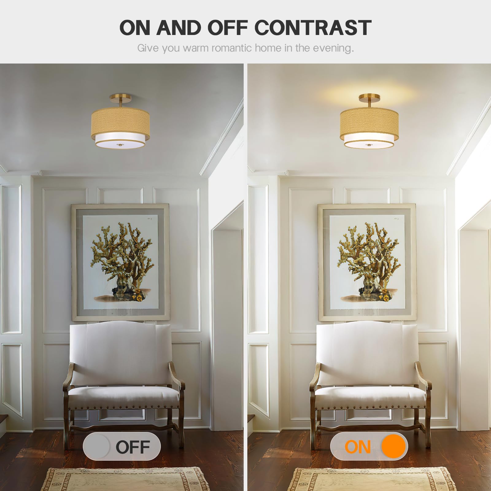 Vexagyle Boho Light Fixtures Woven Rattan-Style Flush Mount Ceiling Light, 12.6Inch Closed To Ceiling Light Fixture With 2-Tier