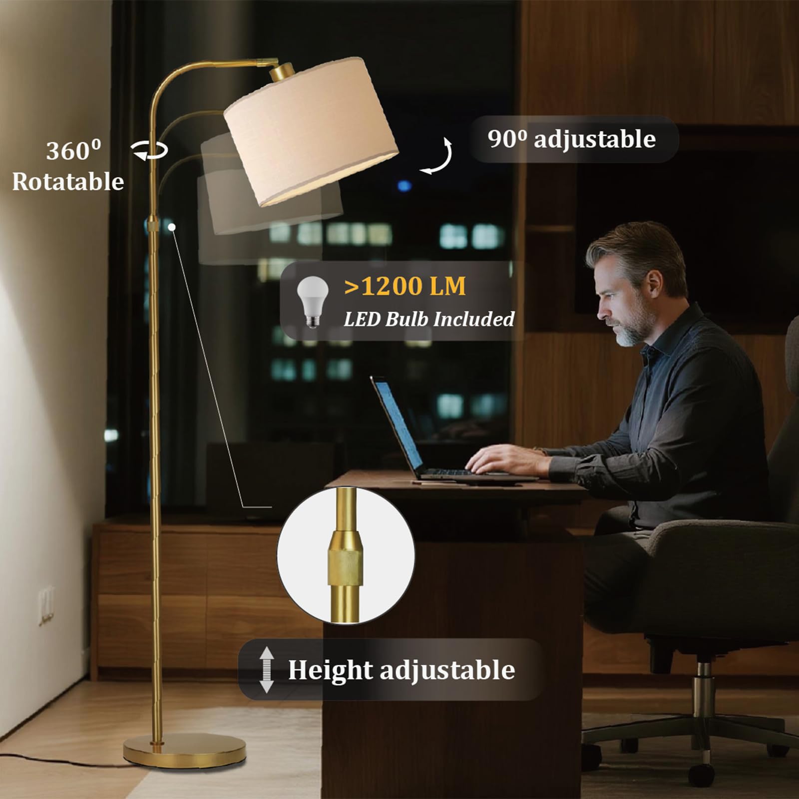 FINNCHY Gold Arc Floor Lamp with Remote Control, 1200 Lumens Dimmable, Modern Design for Living Room/Bedroom, Model AL620G