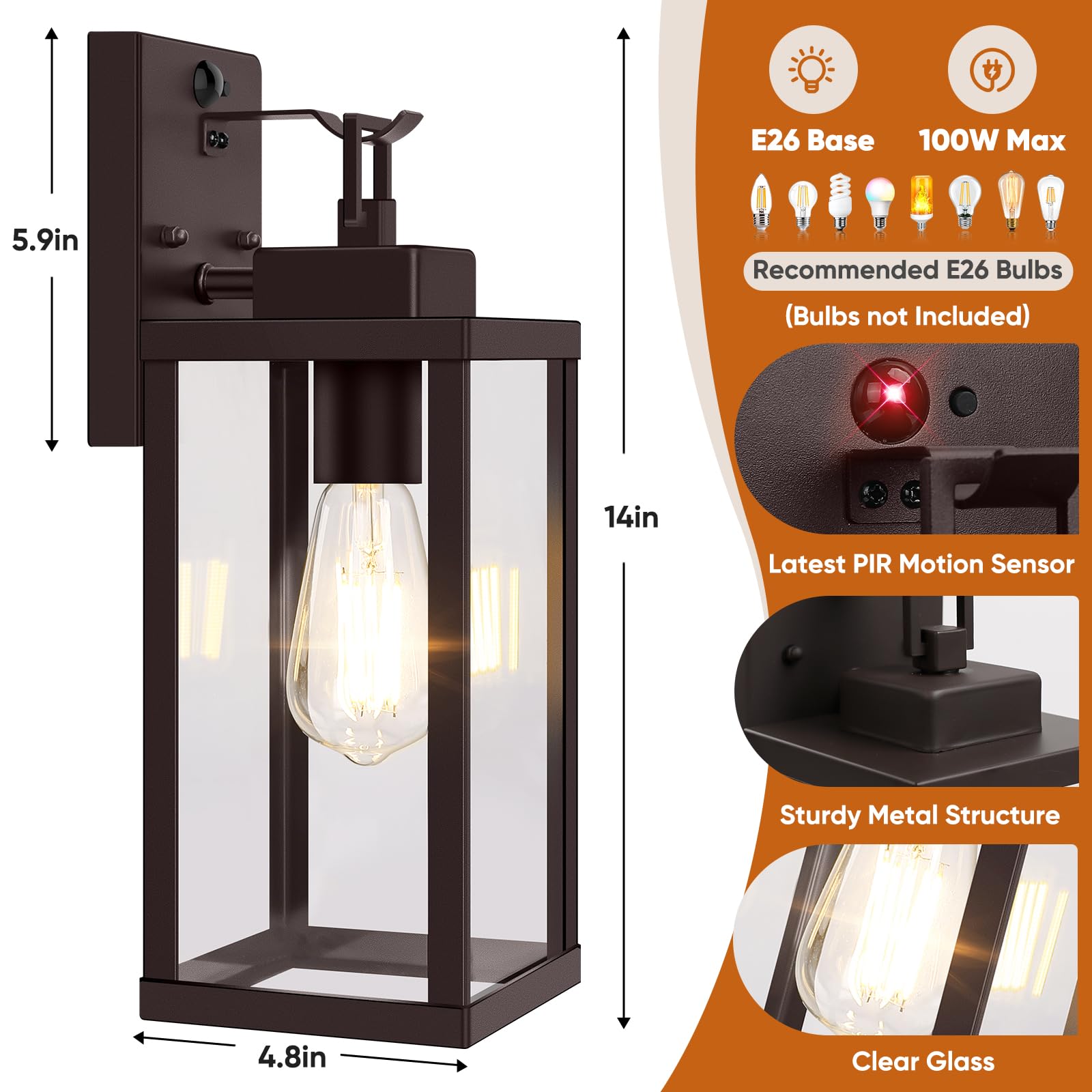 BesLowe 14" Motion Sensor Outdoor Wall Lights, Dusk to Dawn, Brown, 2-Pack, Metal Sconces, Model A927S