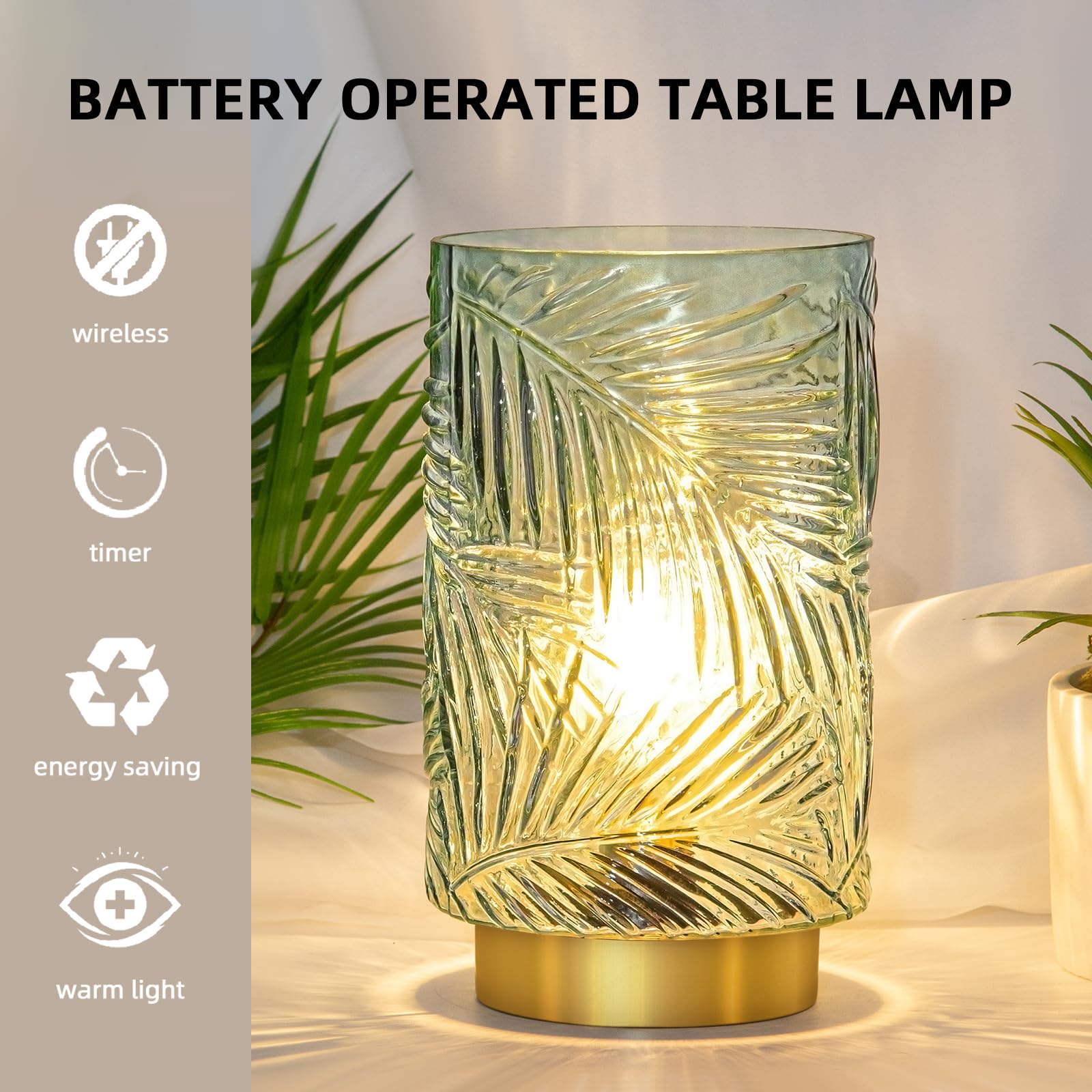 MJ PREMIER Battery Operated Table Lamp with Timer, Big Light Green Glass Nightlight, Model 1520, Decorative for Home Decor
