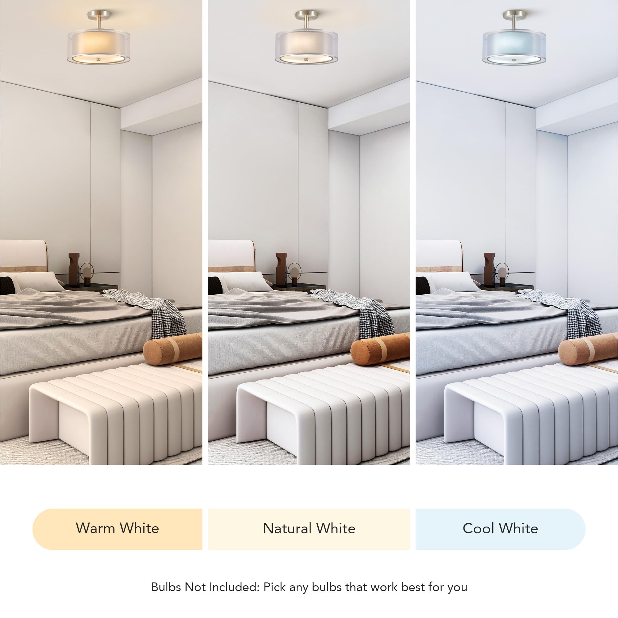 Vonluce Semi Flush Mount Ceiling Light, 13'' Ceiling Light Fixture With 2-Layer Fabric Shade, 3-Light Modern Drum Light Fixture