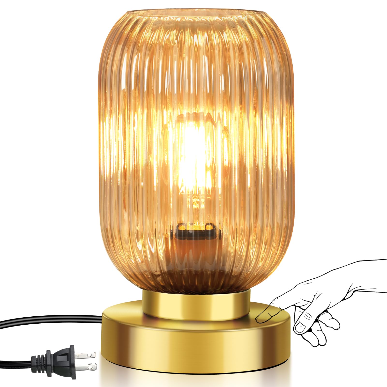 LEDIKON Mid Century Modern Table Lamp with Amber Ribbed Glass Shade Touch Control & 3 Way Dimmable Small Gold  Vintage Bedside Lamp for Bedroom  Living Room Office (Bulb Included)
