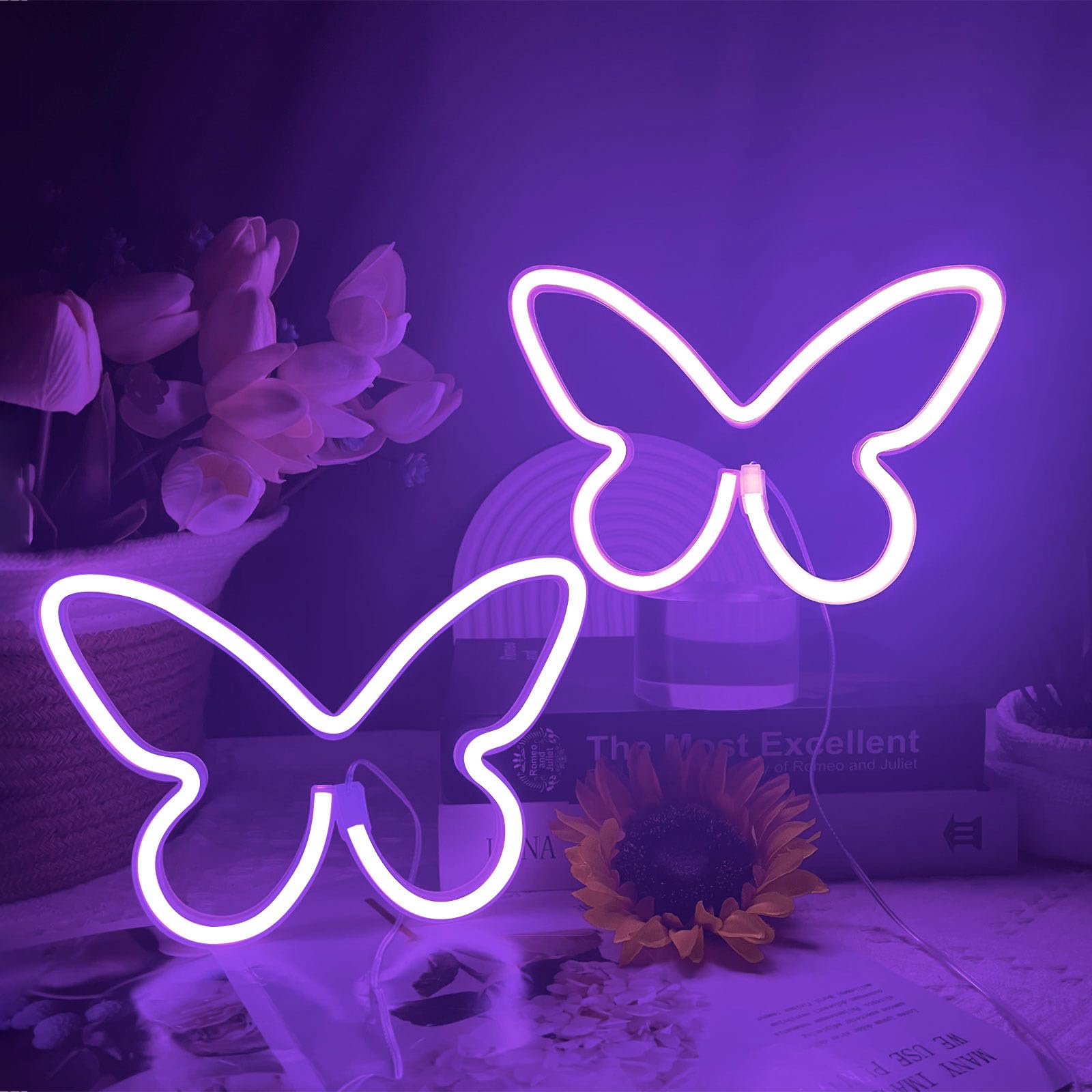 BerniceKelly Butterfly Neon Signs - Purple LED Light for Bedroom, 6.7 x 9.1 inches, USB/3AA Battery, Silicone Material