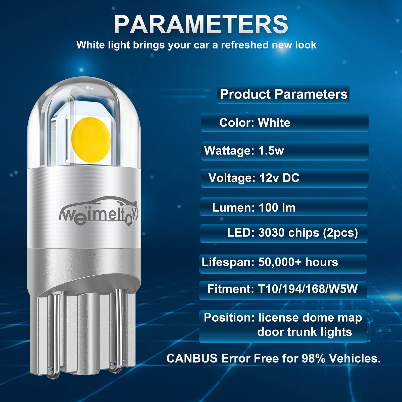WEIMELTOY 194 Led Car Bulb 3030 Chipset T10 168 W5W 1.5W 12V White (12pcs)