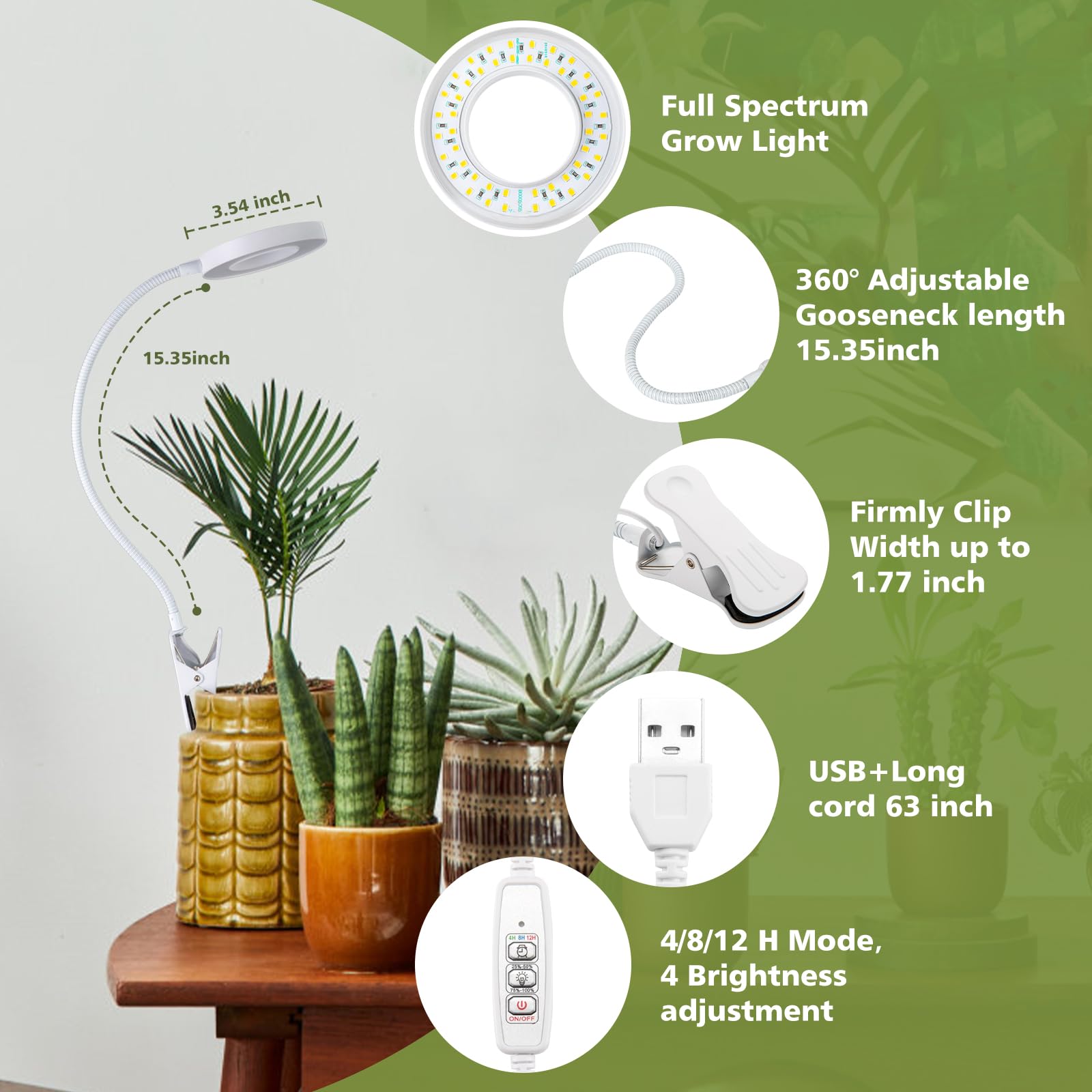 LORDEM Full Spectrum LED Plant Grow Light with Auto Timer, 360? Gooseneck, 4 Dimmable Brightness, 1 Pack, Aluminum, Ideal for Indoor Plants