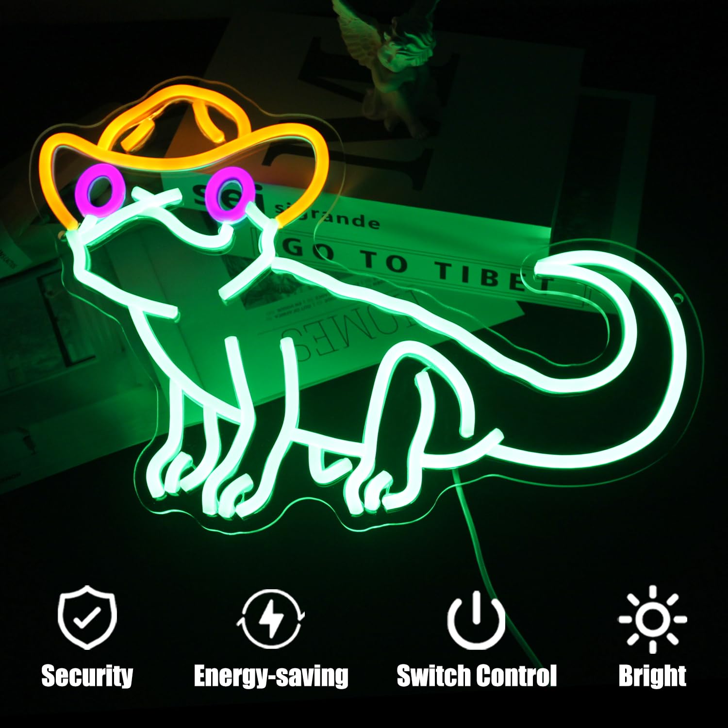 CKTBLEY Neon Sign - Cowboy Green Iguana LED Wall Decor, 16.7x11.2 inches, Glass, Green Yellow Purple, Model CC-Lizard