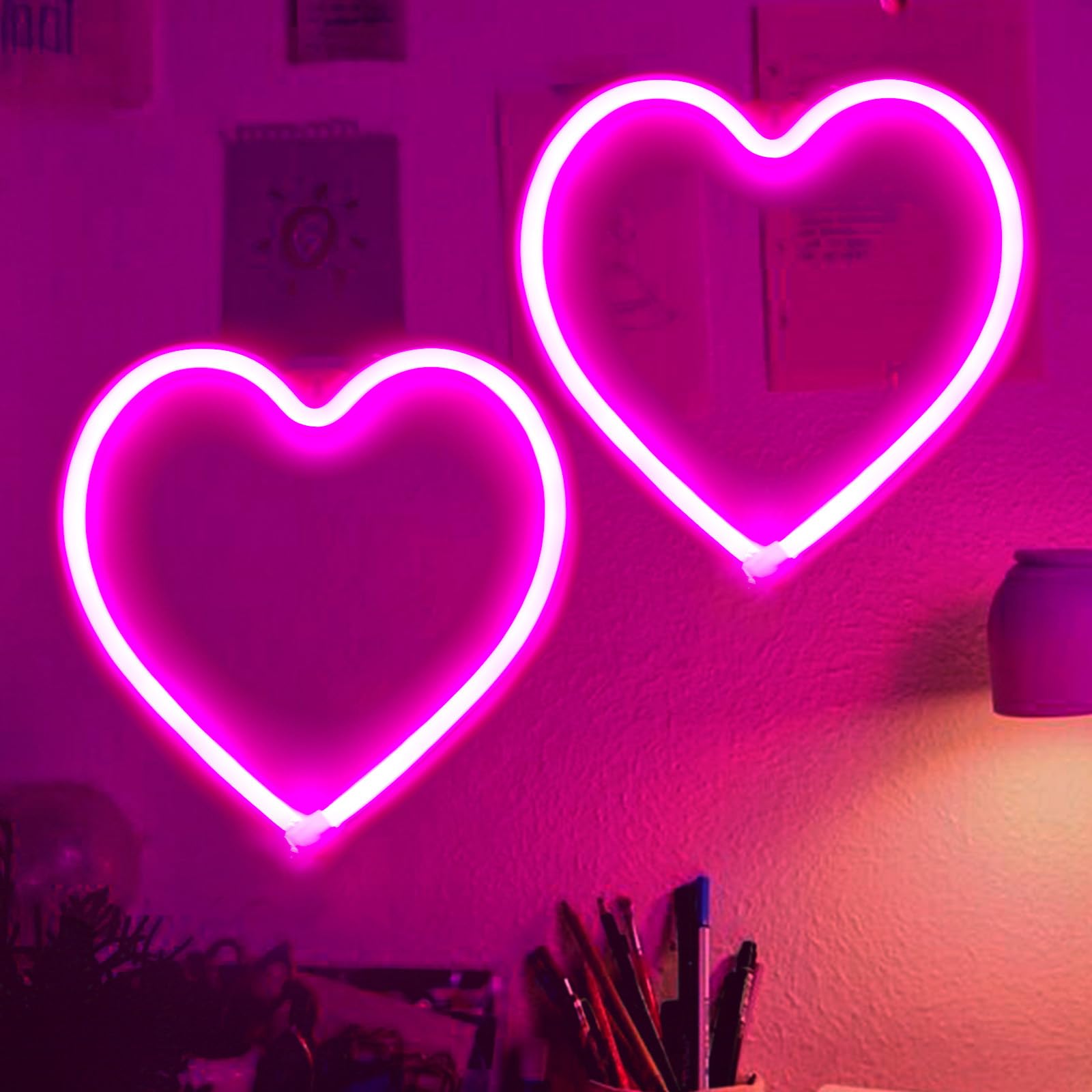EXF 2-Pack Neon Heart Sign - Pink LED Wall Decoration Light, Battery Operated or USB Powered, Ideal for Home, Party, Wedding Decor