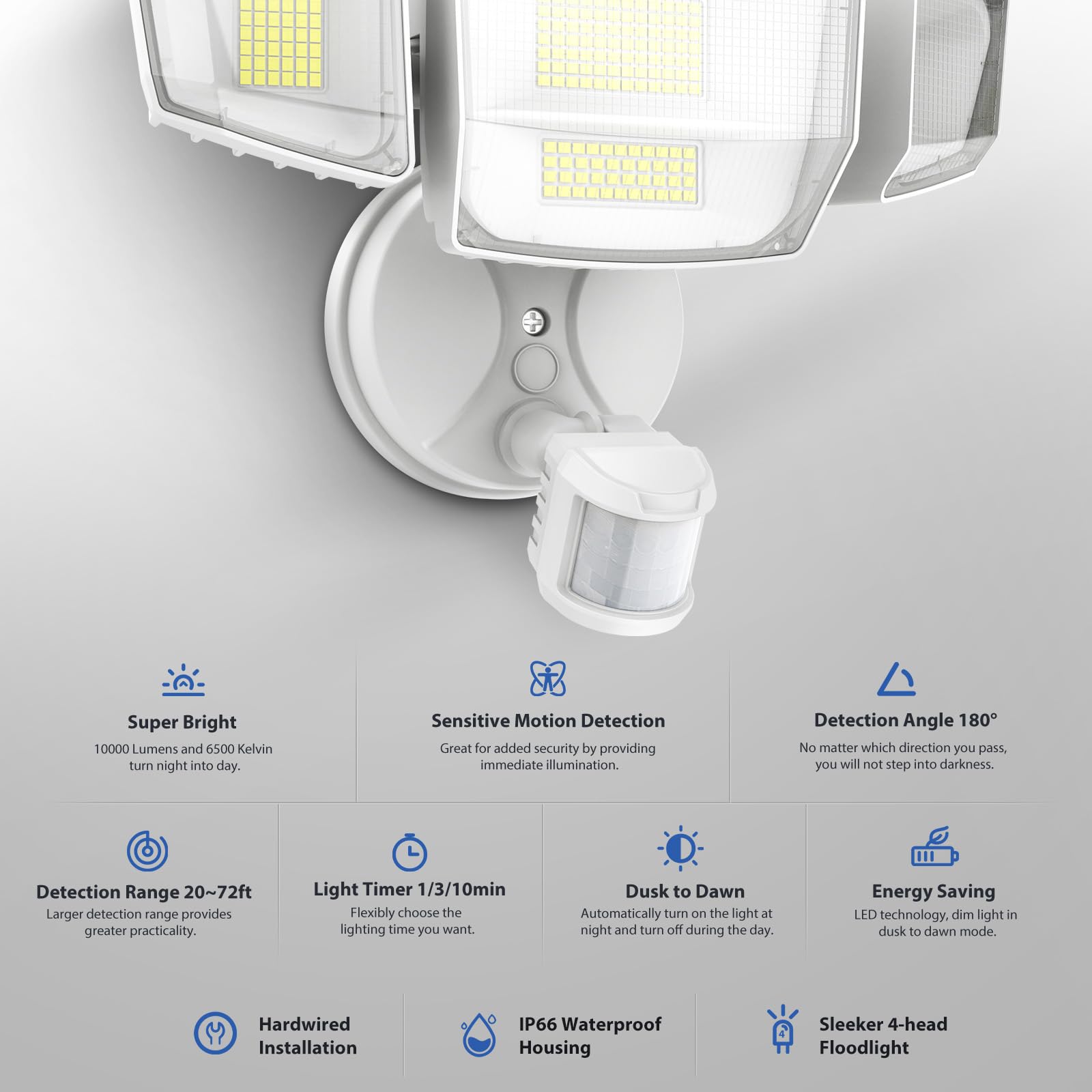Onforu 90W 10000LM LED Motion Sensor Outdoor Flood Lights, IP66 Waterproof, Dusk to Dawn, White, Model BDS90G-4