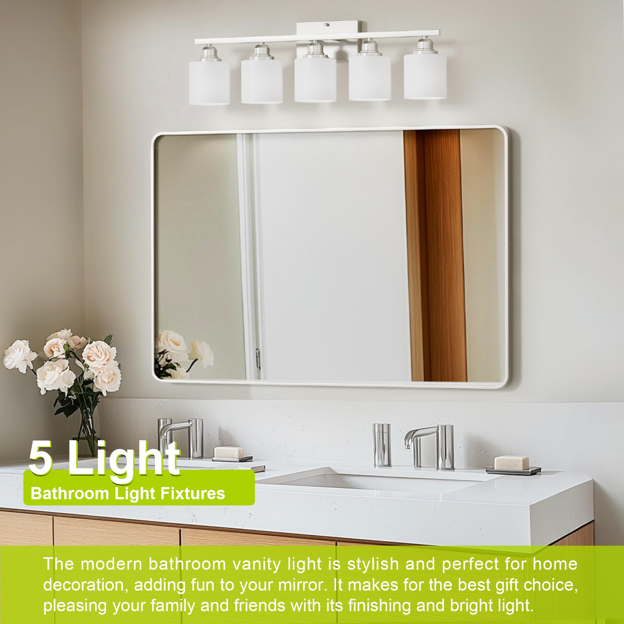Sailstar 5-Light Bathroom Light Fixture, Brushed Nickel, Anti-Rust, White Glass Shades, E26 Base, Model CP-JQD-H-002