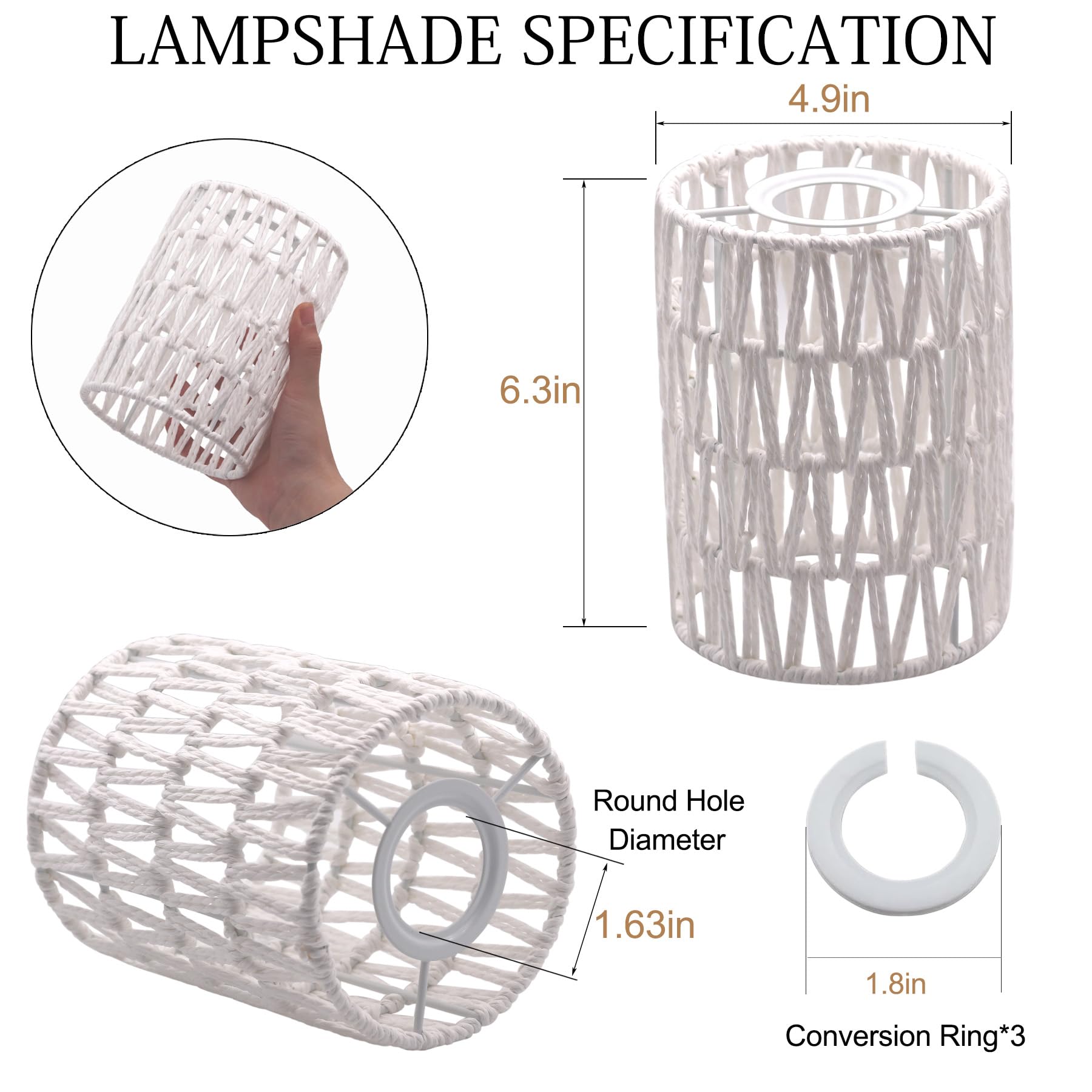 Giutna 3-Pack Boho Rattan Lamp Shades, 6.3''H X 4.9''D Woven Small Lamp Shade Replacement, 1.63In Fitter Farmhouse Pendant Light