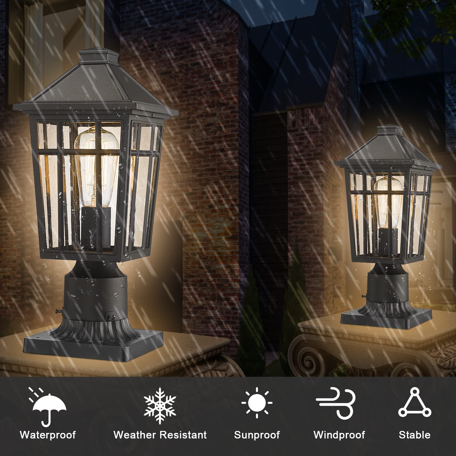 Darkaway Waterproof Aluminum Outdoor Post Light, Black Garden Lamp Fixture, 1 Pack