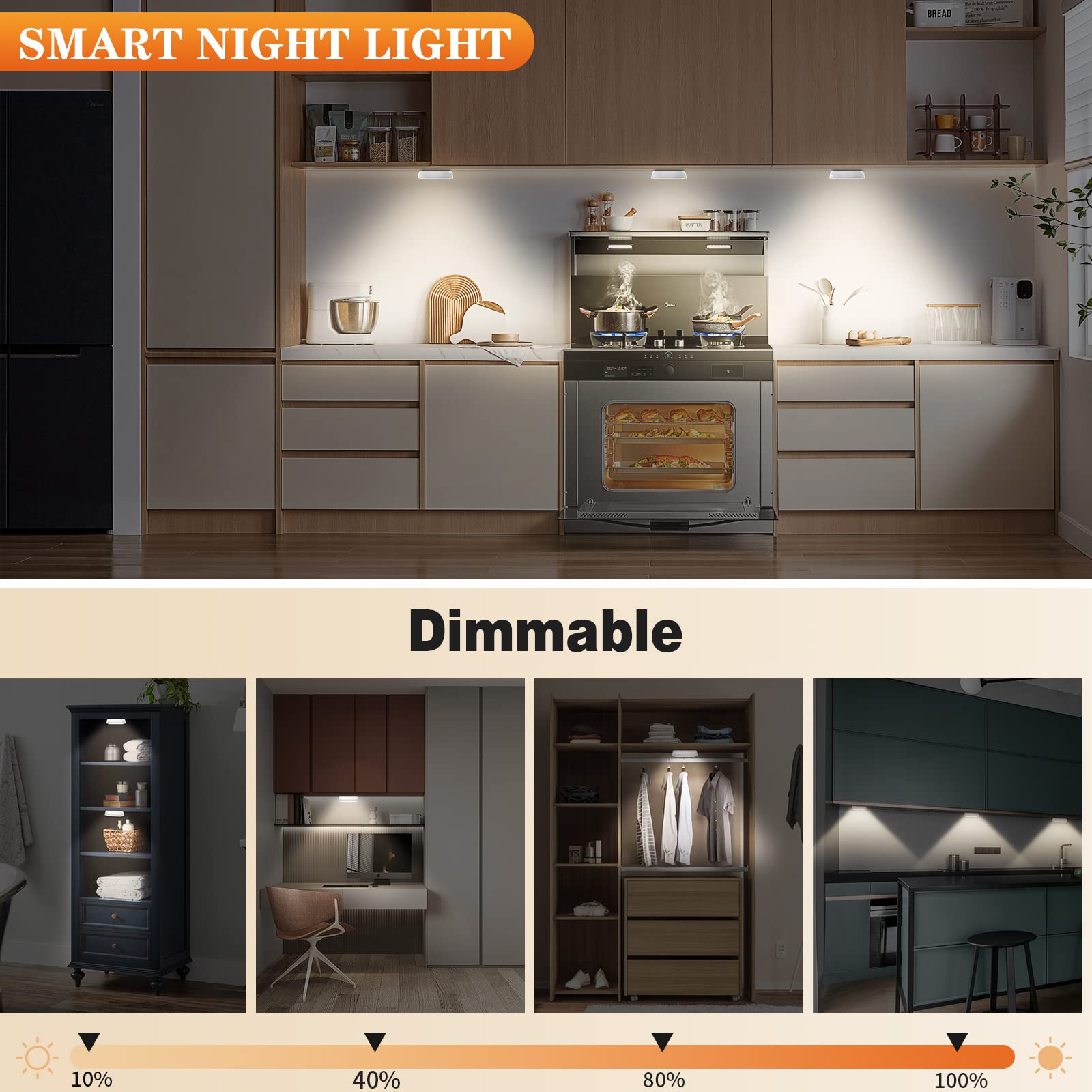 Warm Color Led Closet Lights Wireless Motion Sensor Puck Light, Usb Rechargeable Battery Operated Puck Lights With Remote, Dimma