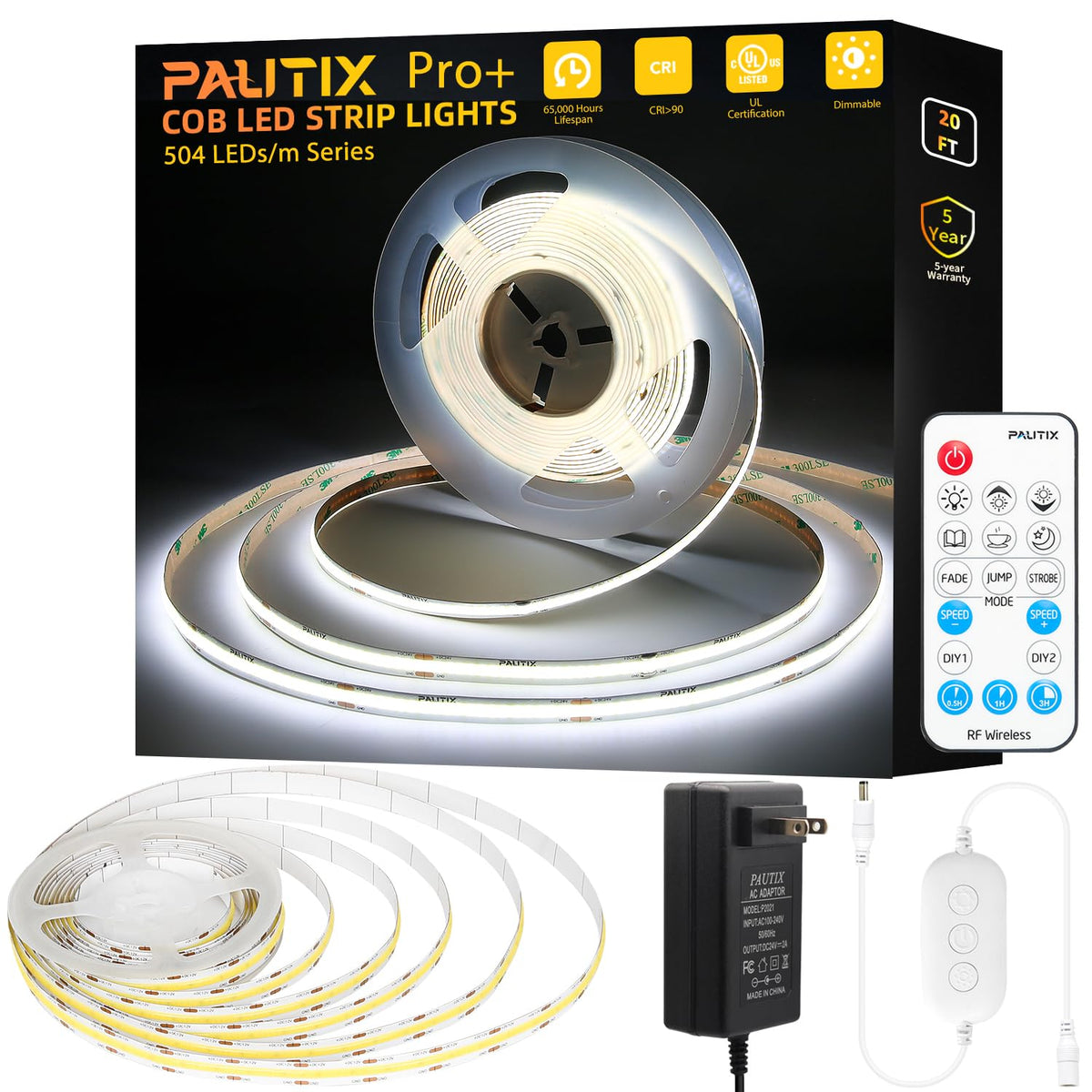 Pautix Cob Led Strip Light White 5000K 20Ft/6.1M,3087Leds Super Bright 6000 Lumen,Dimmable 24V Led Tape Light With 3M Tape,Rf Re