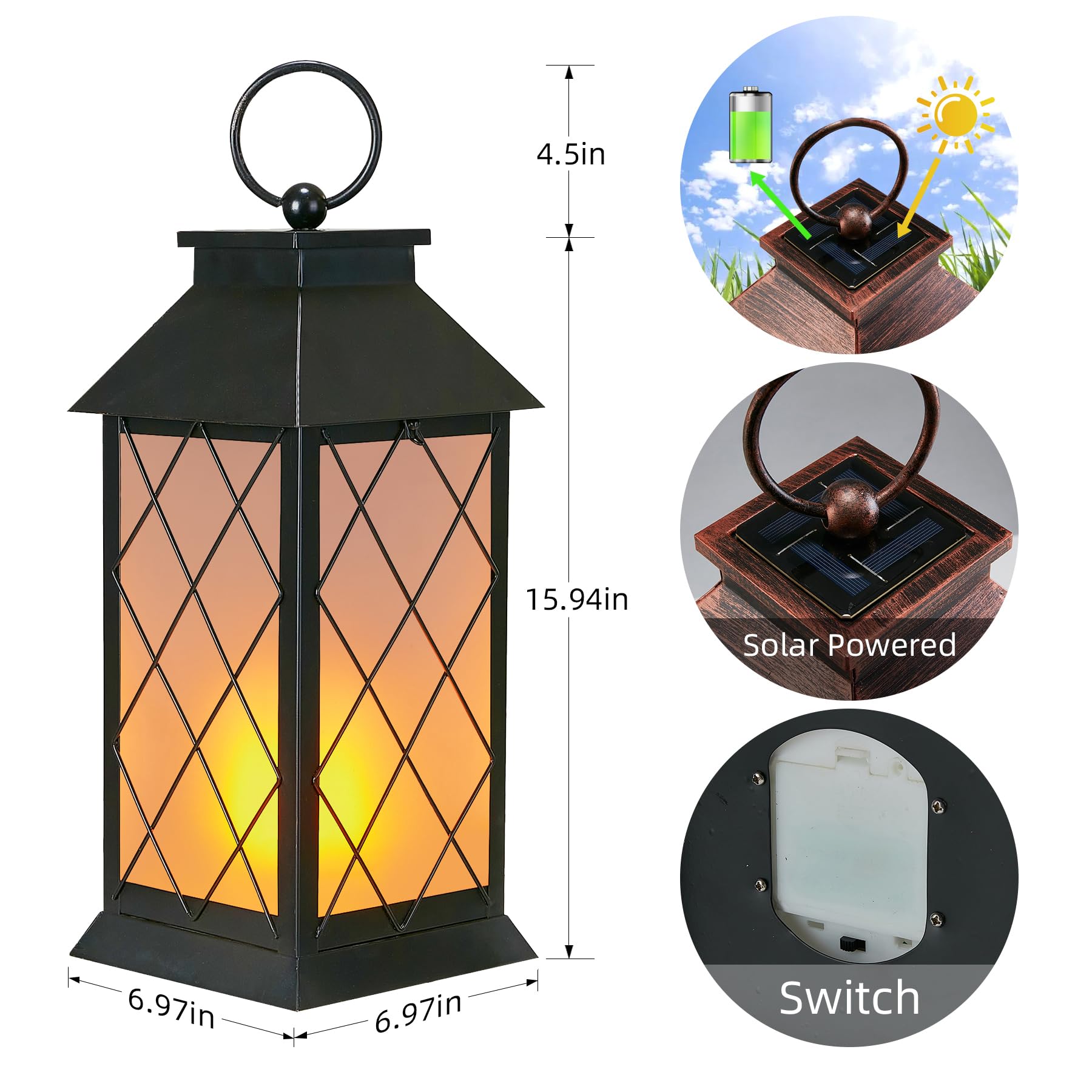 Anyperfect 18'' Solar Lanterns Outdoor Waterproof, Glass Solar Flickering Flame Lantern Large Hanging Solar Lantern Metal Decora