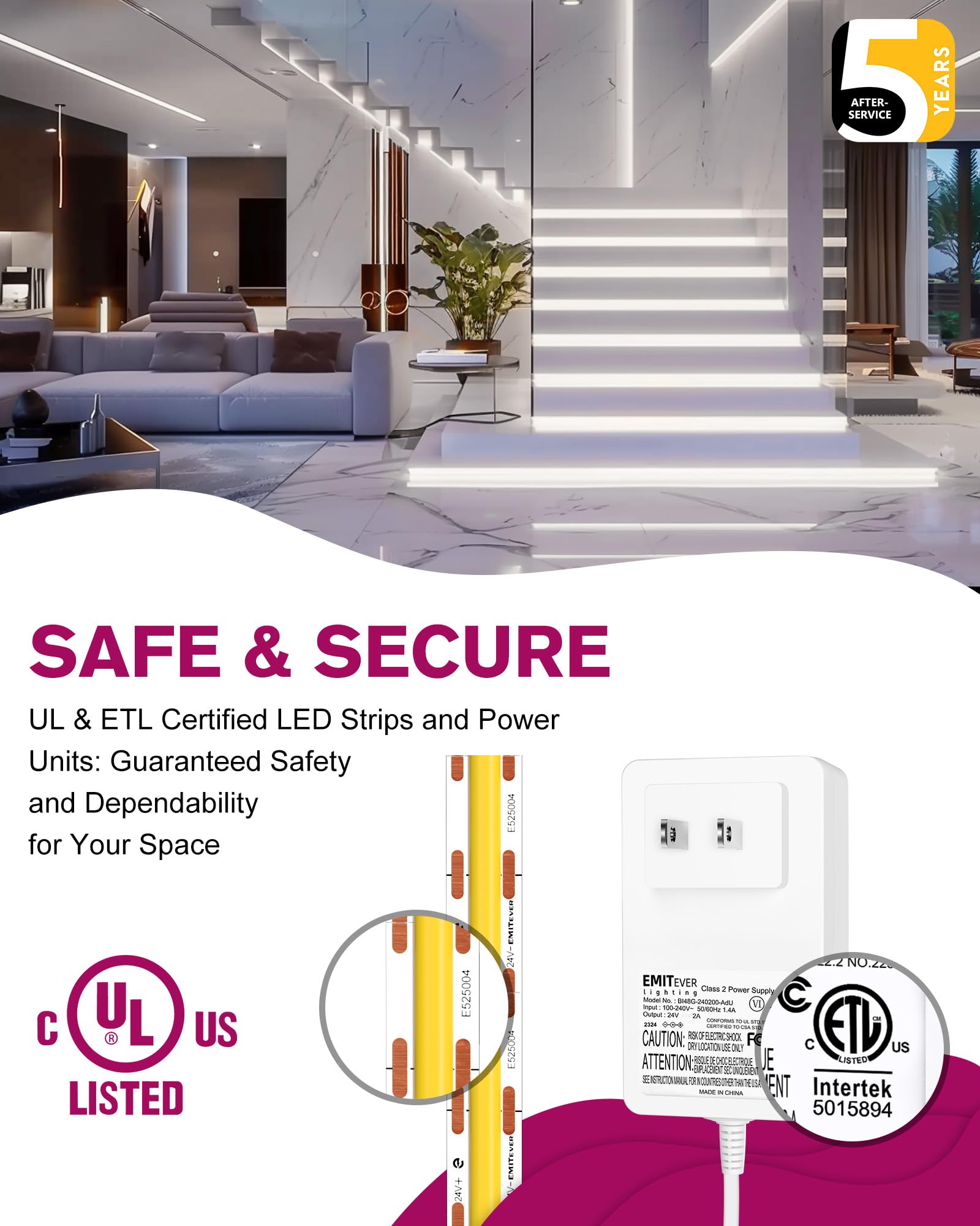 EMITEVER COB LED Strip Lights Kit, 16.4ft Dimmable Tape Light, 5000K, CRI90+, UL Listed, Model FN-FC-480-24,