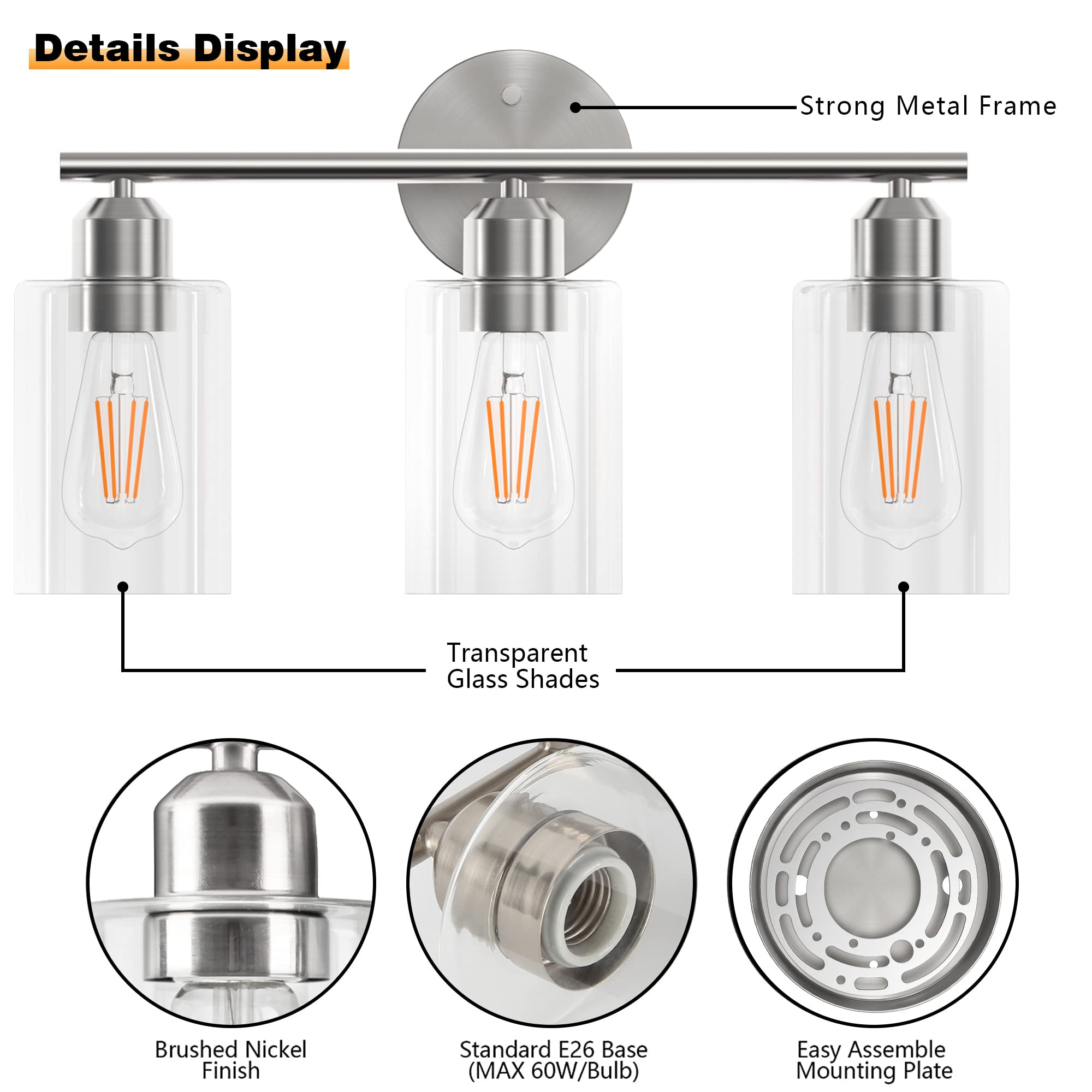 Espird 3 Light Bathroom Vanity Light Fixture, Modern Nickel Wall Lighting With Glass Shade, Ul Listed