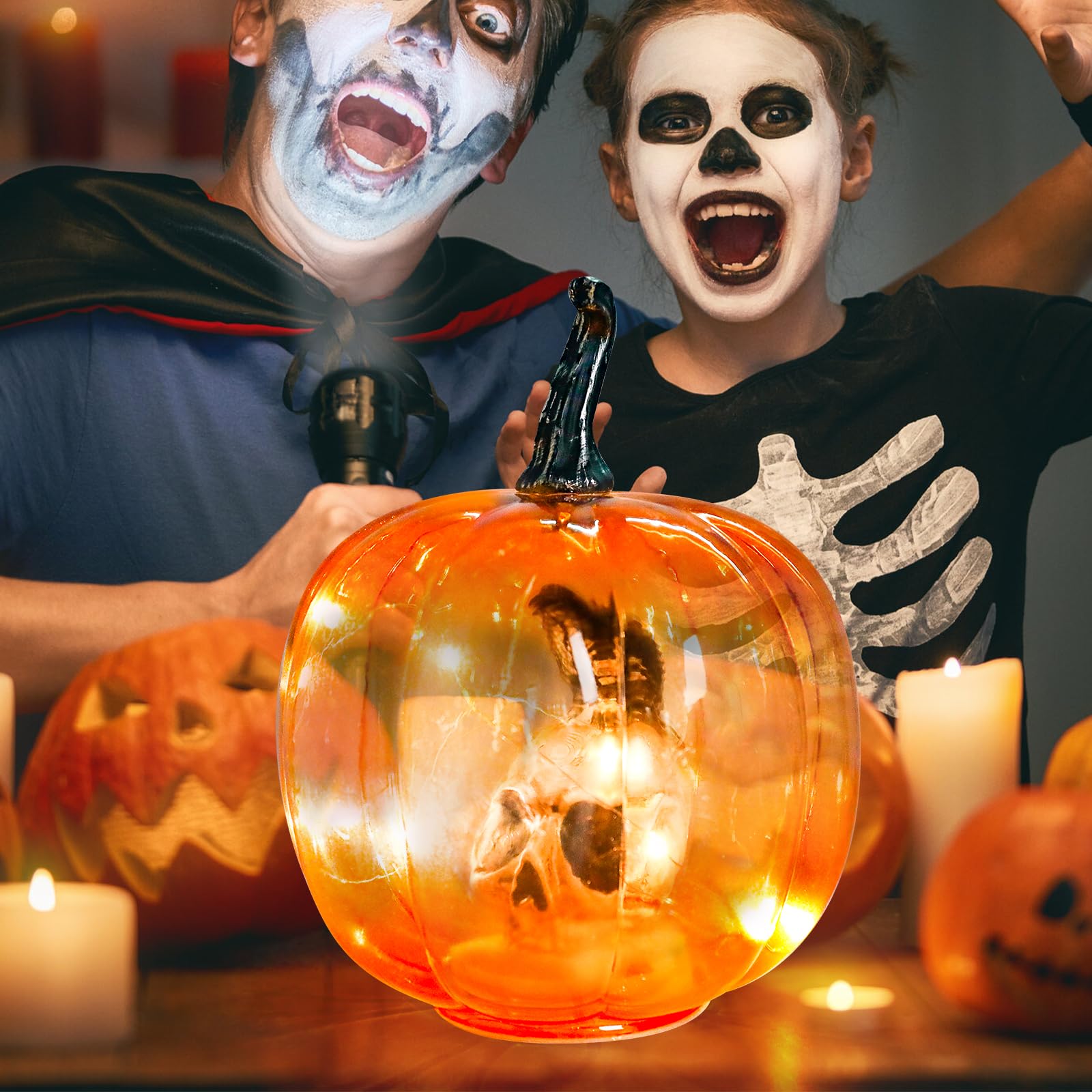 Afirst Halloween Decorations Indoor Lighted Halloween Fall Pumpkins Illuminated Glass Pumpkin With Skull Crow For Thanksgiving Fireplace Tabletop Party Home Bedroom Decor Gift