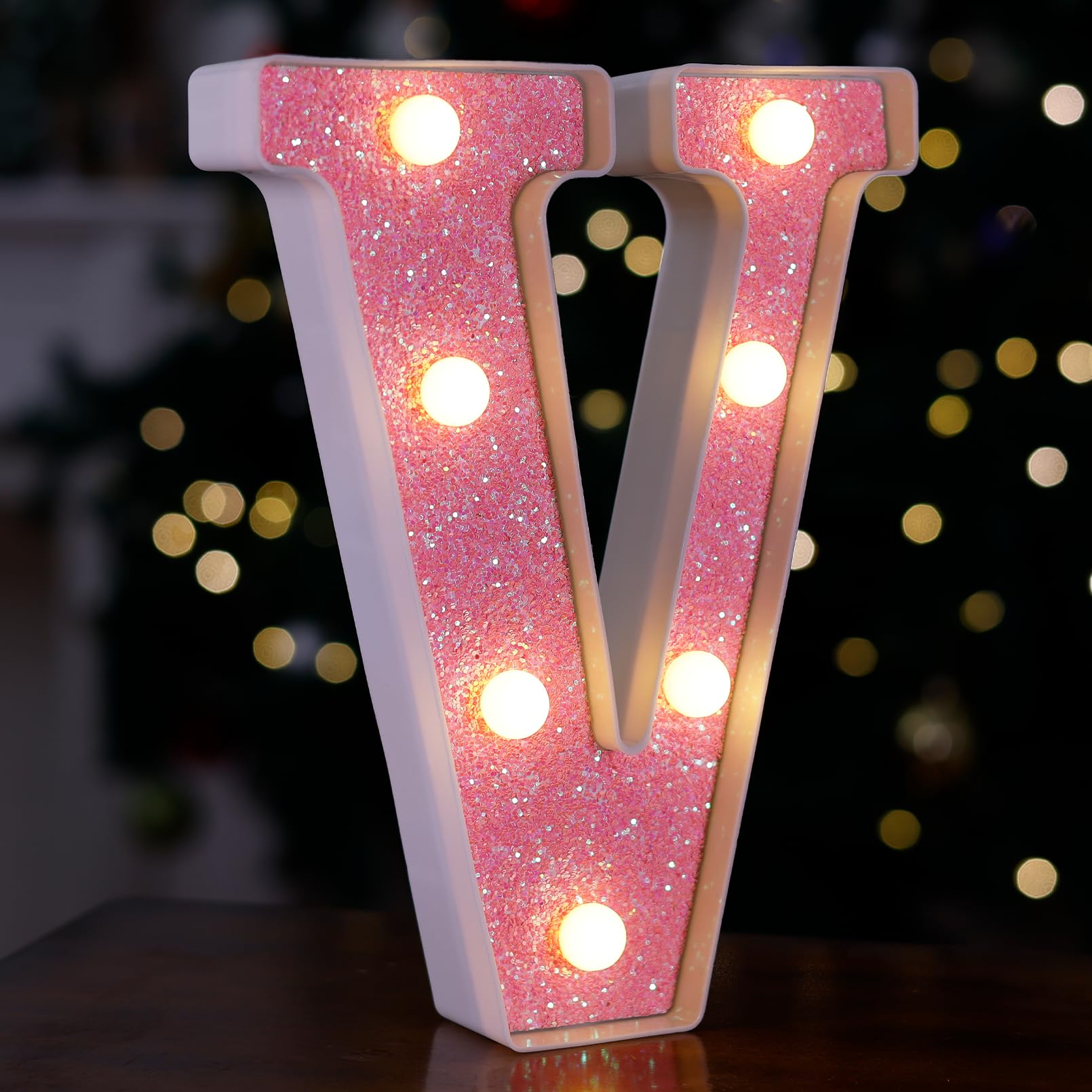 TRONSBOO LED Letter Light - Pink Glitter Marquee Sign, Battery Powered, 6.69in x 8.58in x 1.57in, Model V, Plastic