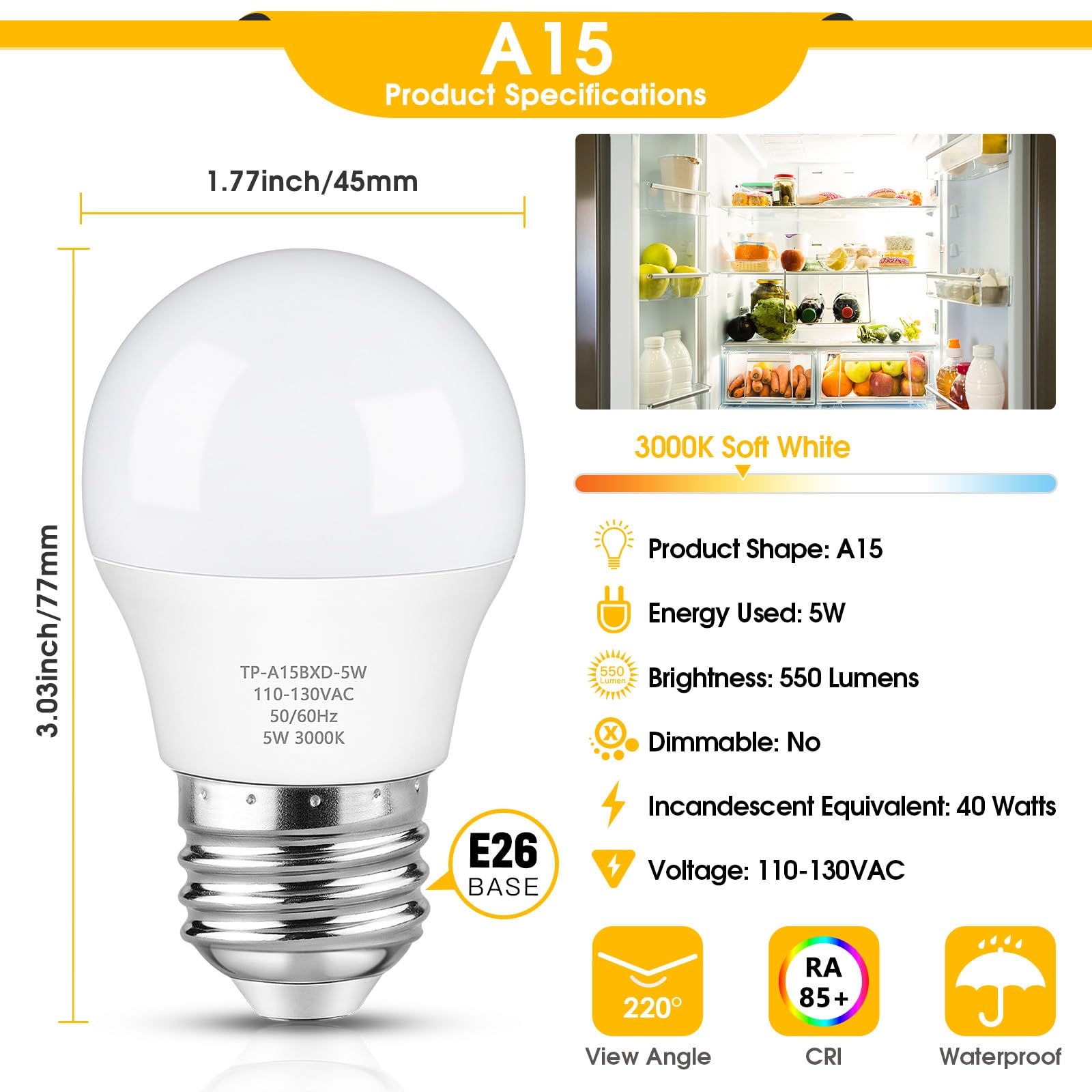 Maylaywood Led Refrigerator Light Bulb, 40 Watt Equivalent A15 Fridge Lights Waterproof Soft White 3000K 550Lm E26 Base 5W Appli