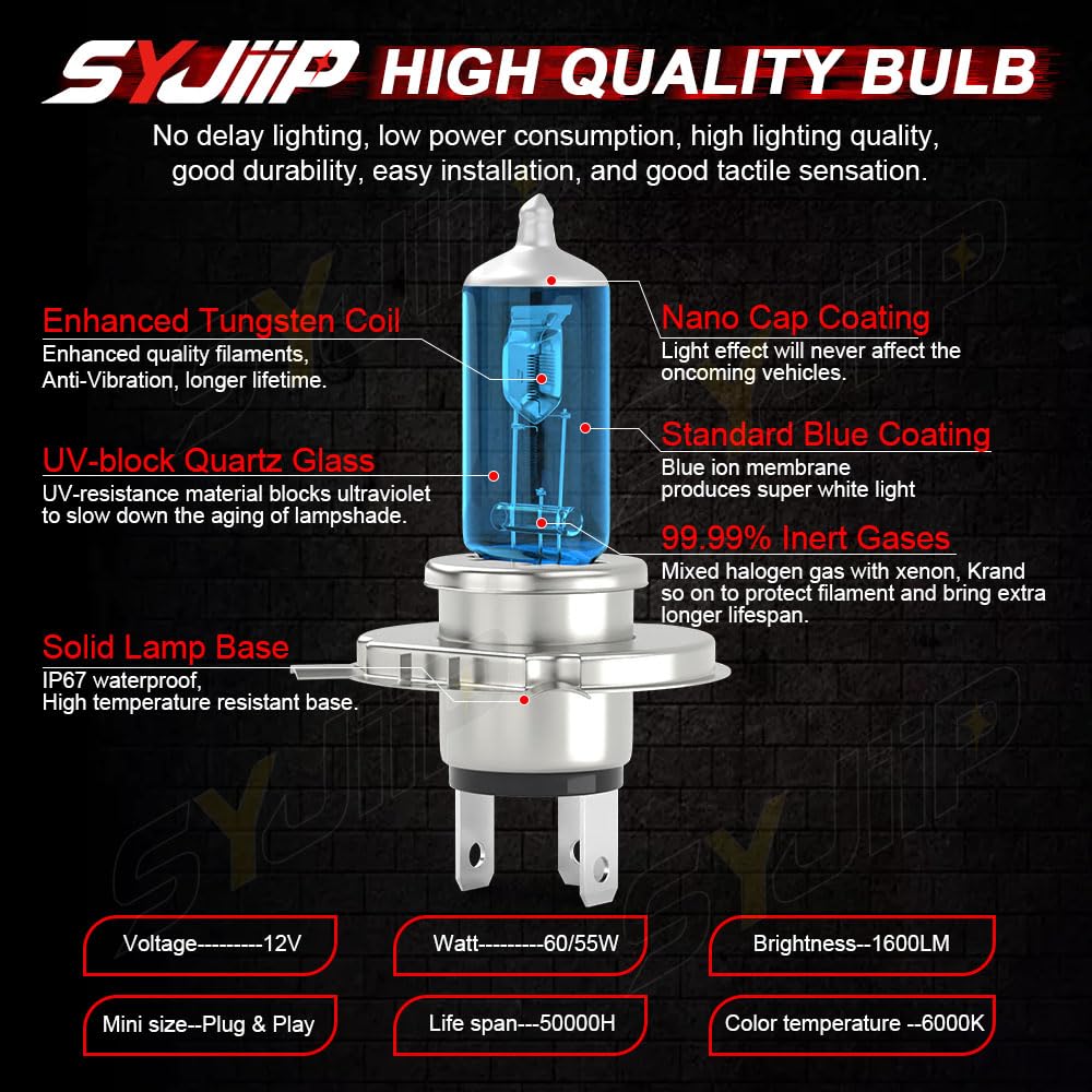 SYJIIP Halogen Headlight Bulbs 9003 H4 9145 H10, 6000K White, 300% Brightness, Compatible with Toyota Tacoma 2005-201