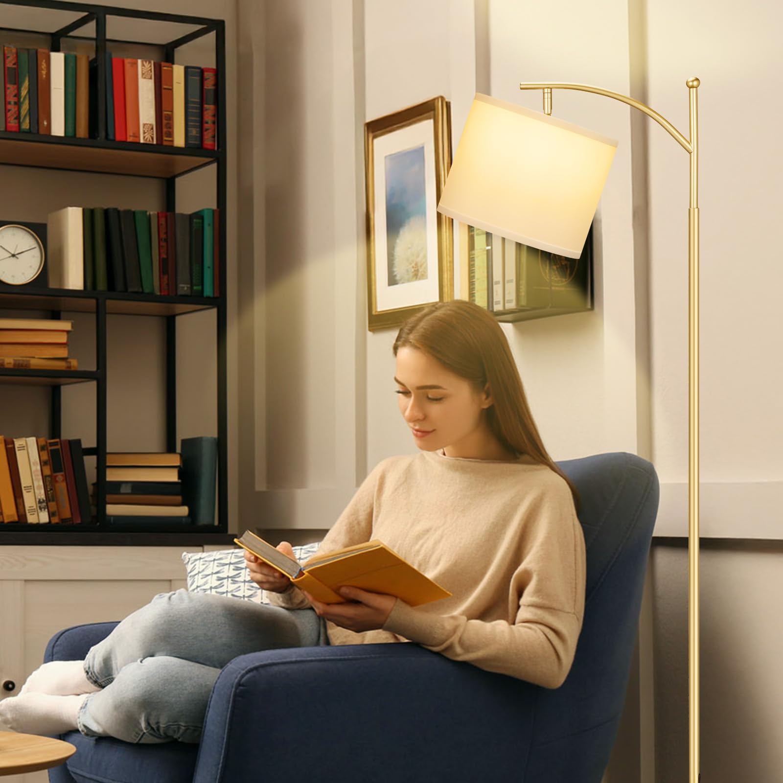 60" Floor Lamps For Living Room With 3 Color Temperatures, Adjustable White Shade With Gold Pole, Tall Lamps For Living Room Bedroom Office Classroom Dorm Room, 9W Bulb Included