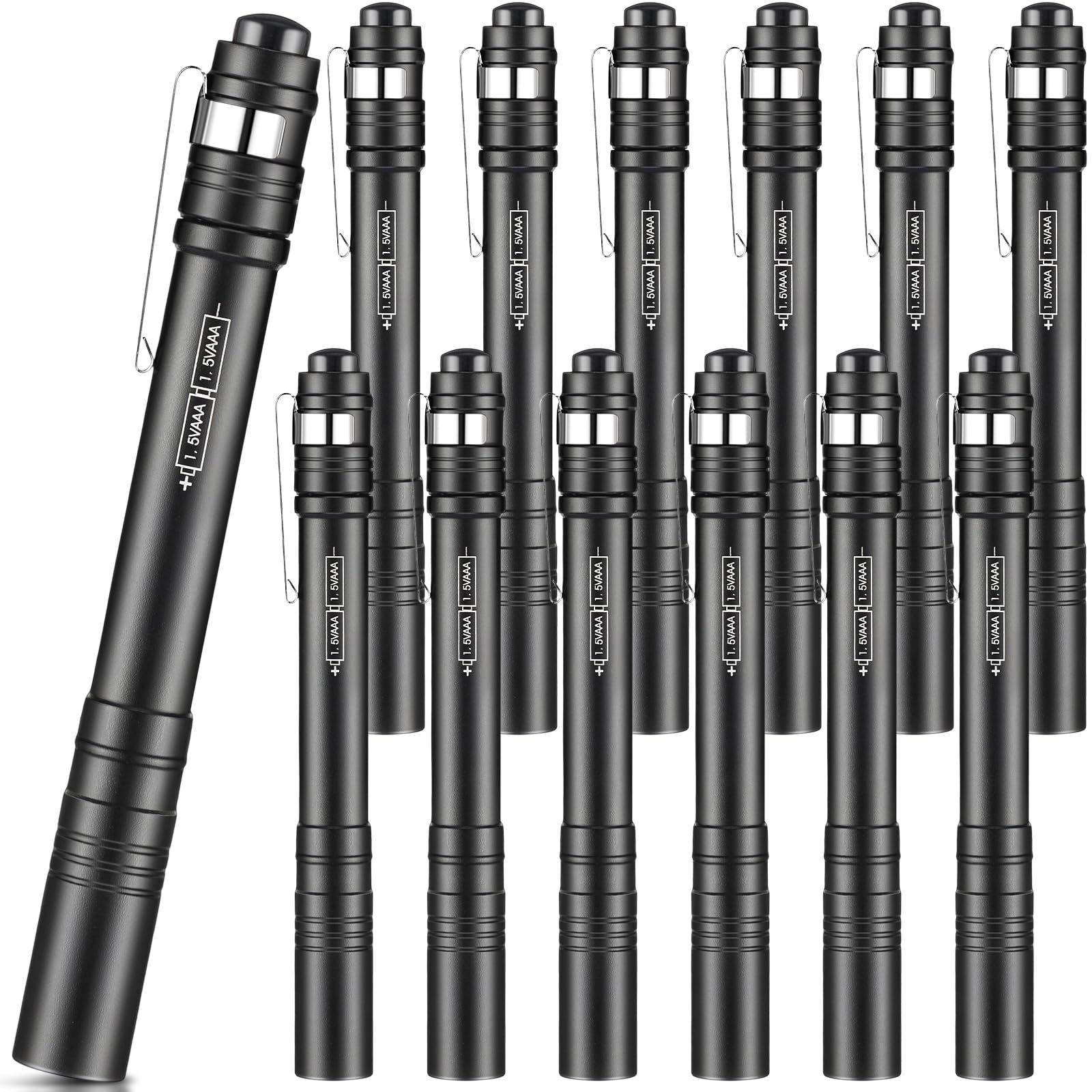 Tujoe LED Penlight Flashlight, Aluminum Mini Flashlight with Clip, Black, 12 Pack