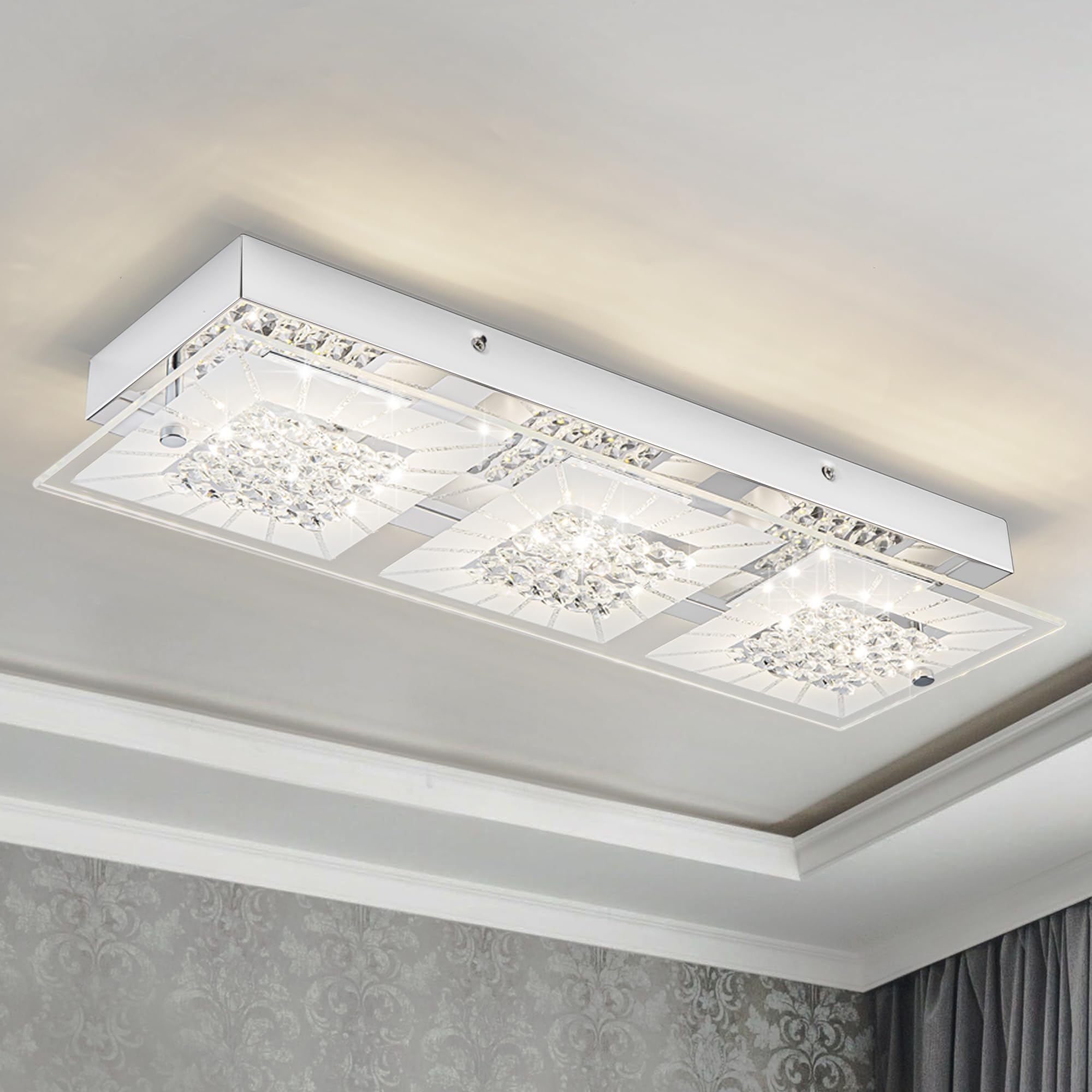 Lzawvm 18&quot; Dimmable Led Crystal Flush Mount Ceiling Light 4000K For Kitchen & Bathroom