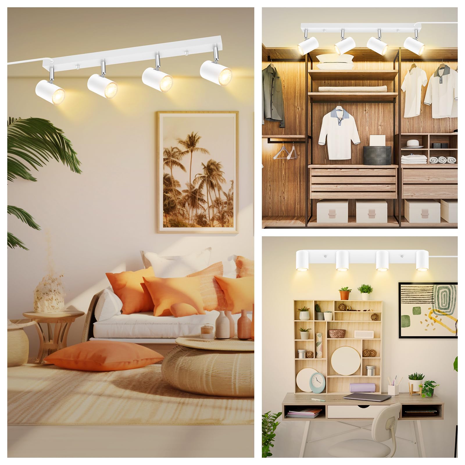 Auquee 4 Light Track Lighting Kit,White 4 Way Modern Plug In Ceiling Spotlight,Industrial Led Wall Light For Kitchen Cabinet Gal