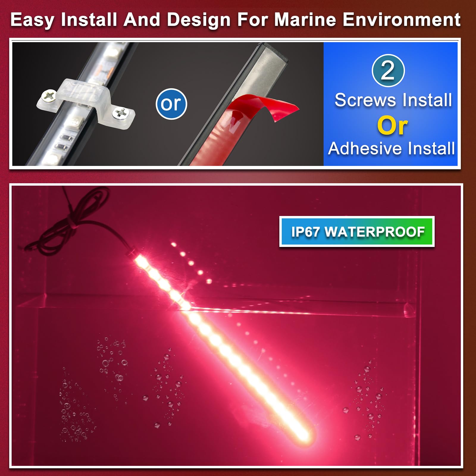 Seaperk Boat LED Navigation Light, IP67 Waterproof, 2Pcs Red, Model Sea-Deck-R-2, Adhesive or Screws Install
