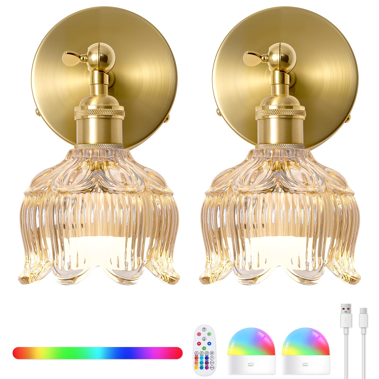 Vintage Battery Operated Wall Sconces - 5000mAh Rechargeable Dimmable Wireless Lights with Remote Control - Set of 2 Green Flower Glass Powered Light Sconce - Cordless Mounted Lighting for Bedroom