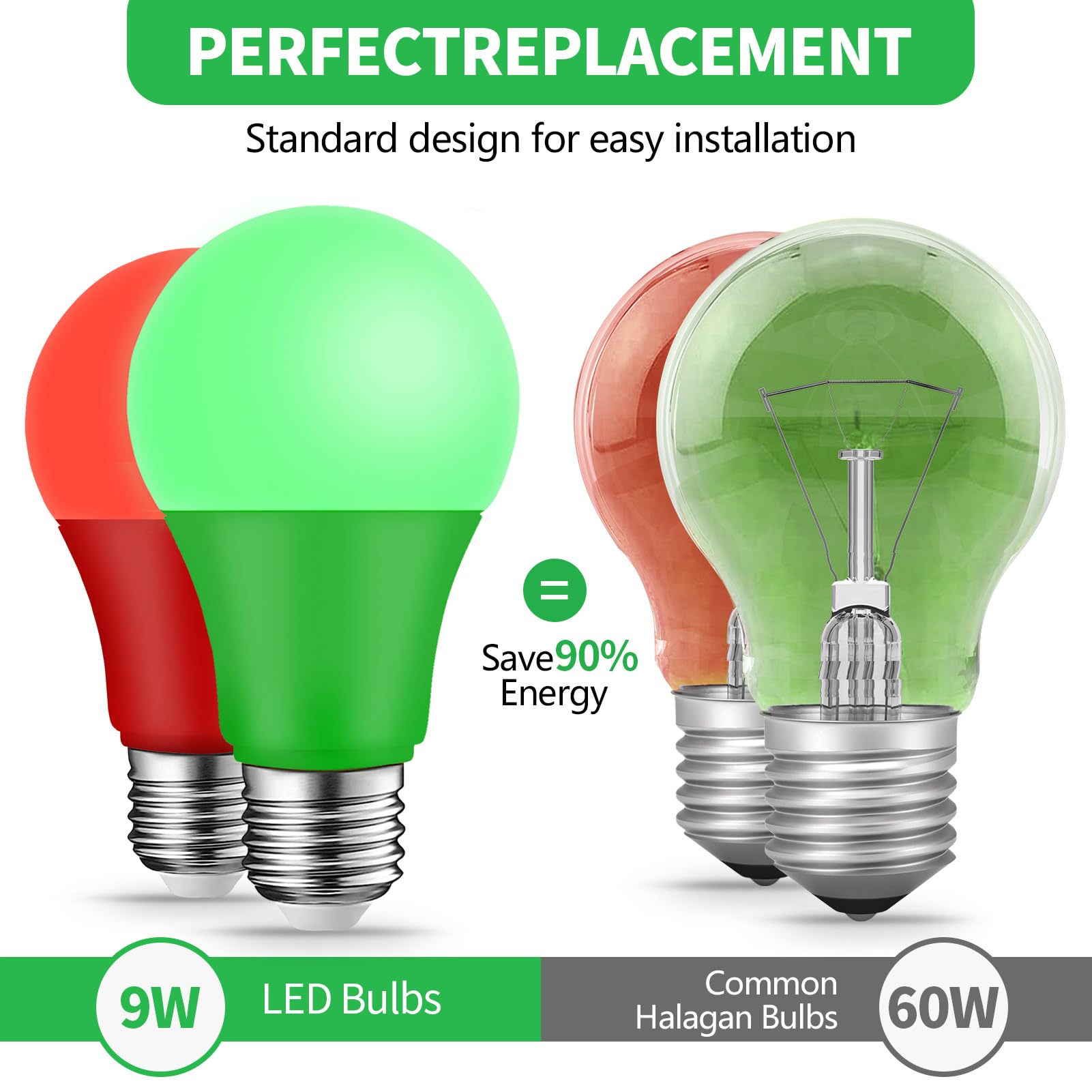 KQHBEN LED Green Light Bulbs - 9W (60W Equivalent) E26 Base - 4 Pack for Home Decor and Events