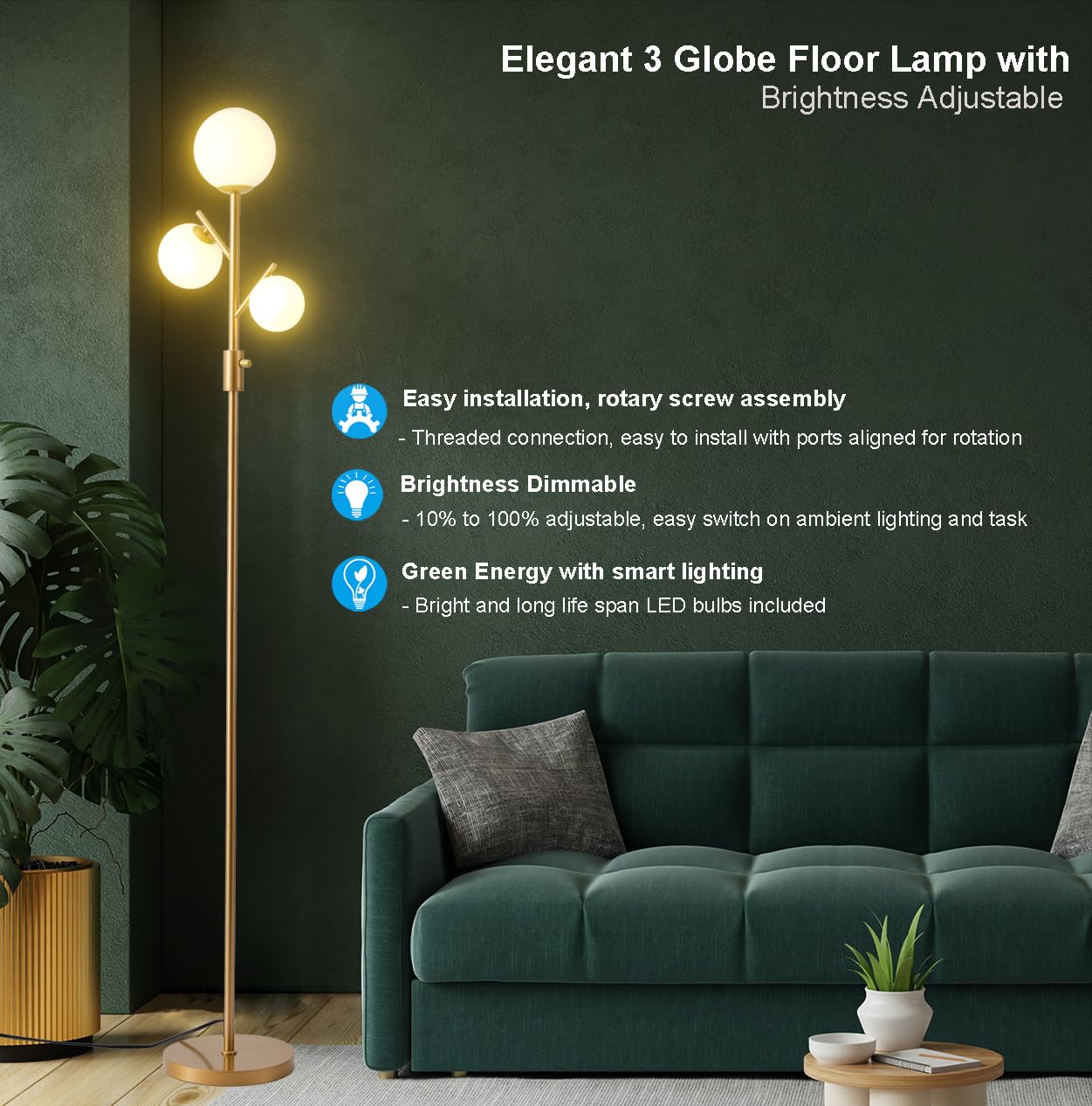 Fiqevs ?Upgraded? Dimmable Floor Lamp, 3 X 800Lm Led Bulbs Included Brightness Adjustable, Mid Modern Globe Floor Lamps For Livi