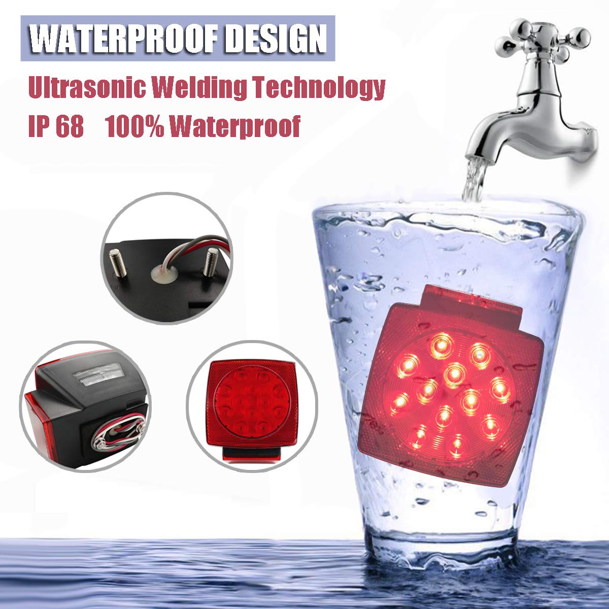 iBrightstar IP68 Waterproof Trailer Lights Kit - Red LED Brake Stop Tail Light for 12V Trucks, RVs, Boats, DOT Compliant, Model 8542089223