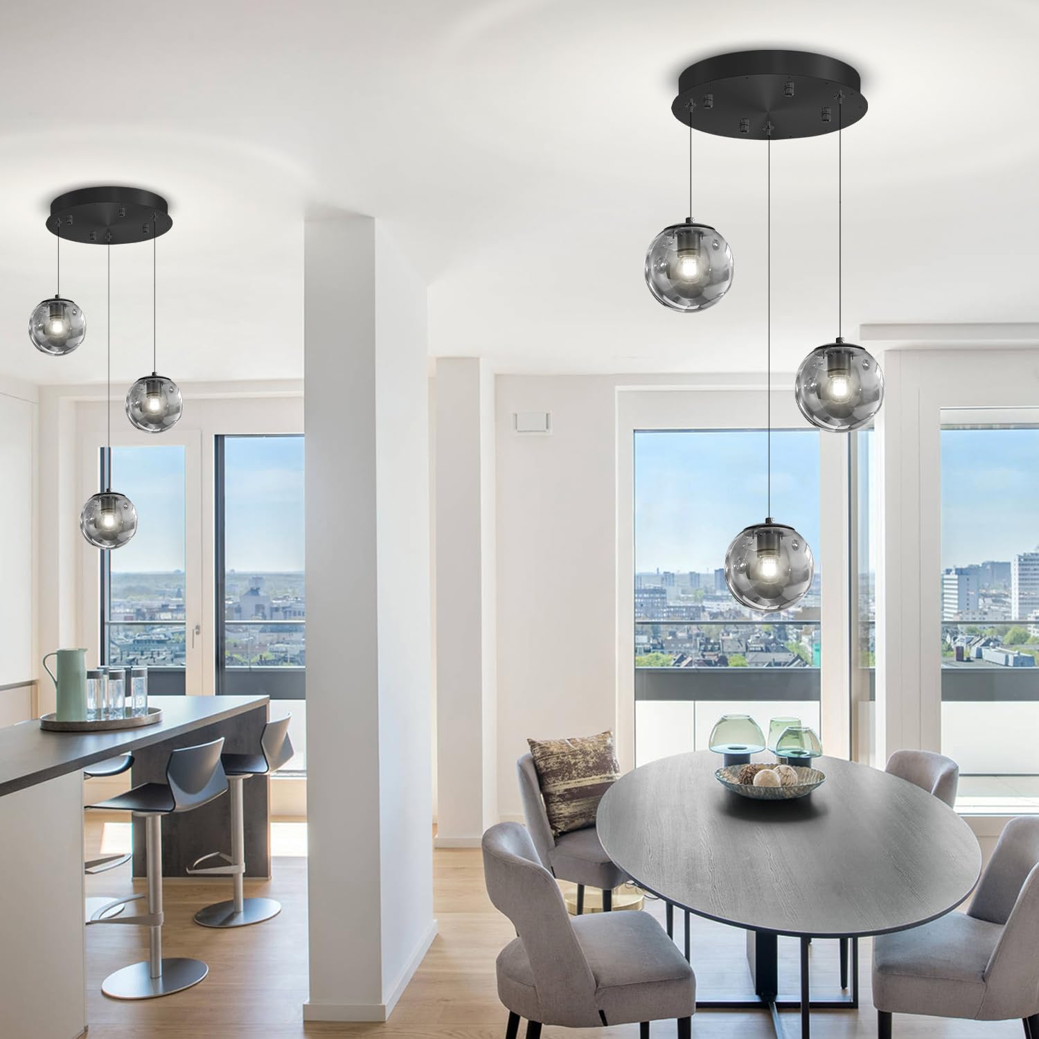 ykolupty 3-Light Black Pendant Light, Smoke Gray Glass Globe, Adjustable Hanging Fixture for Kitchen Island, Model TP3016-YH-3H