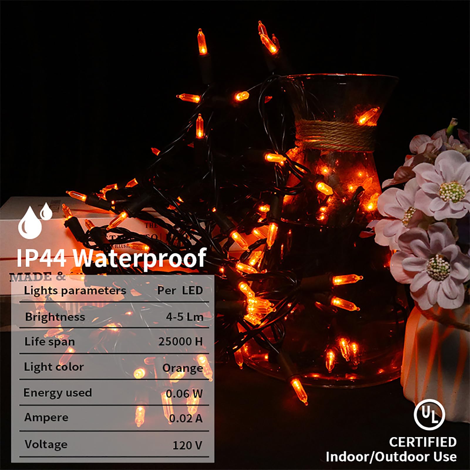 Orange Halloween Led Lights - 2 Pack 100 Count Orange Christmas String Lights For Tree  Party  Holiday  Indoor/Outdoor Halloween Decorations  2 Sets 33 Feet Black Wire  Ul Certified  Connectable