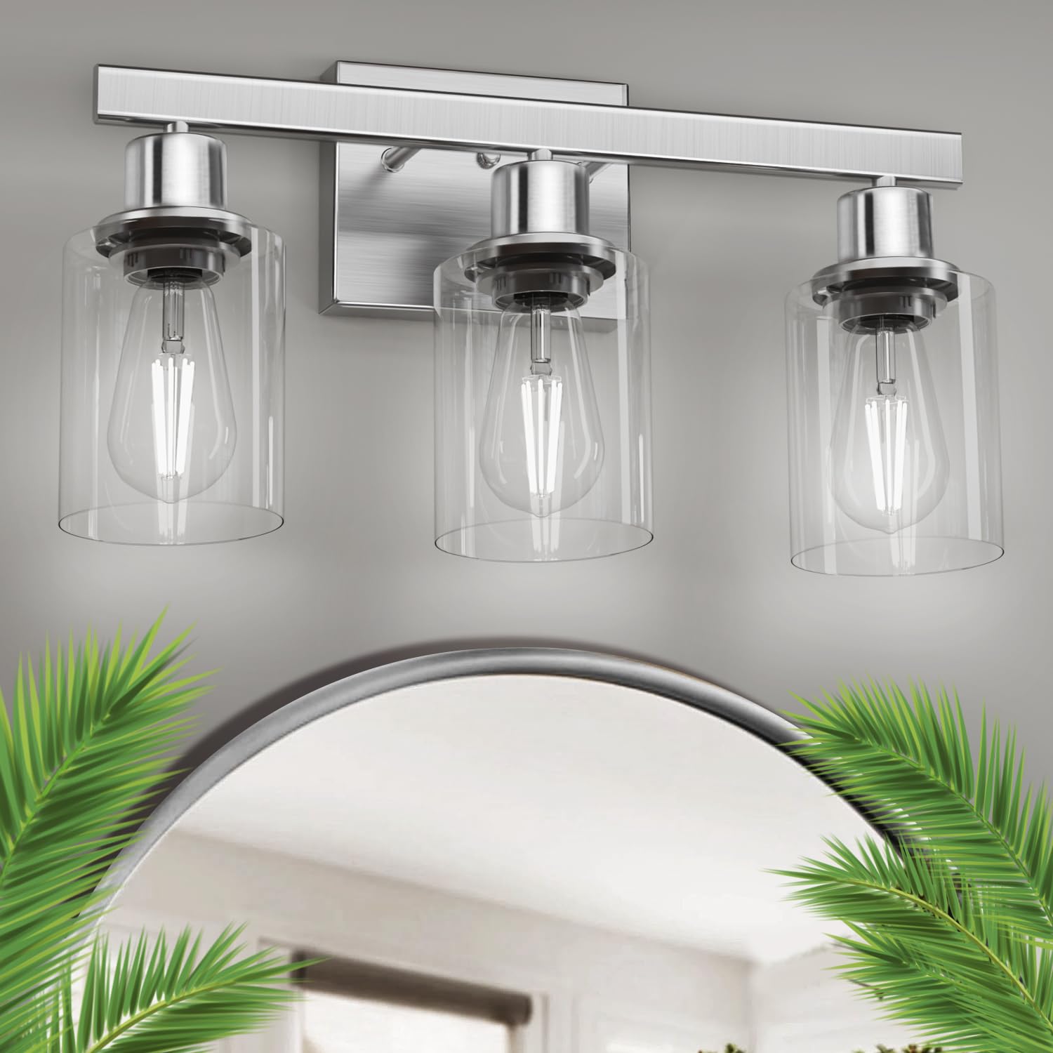DIKAIDA 3-Light Bathroom Vanity Light Fixture, Nickel Metal with Clear Glass Shades, Model NS-3