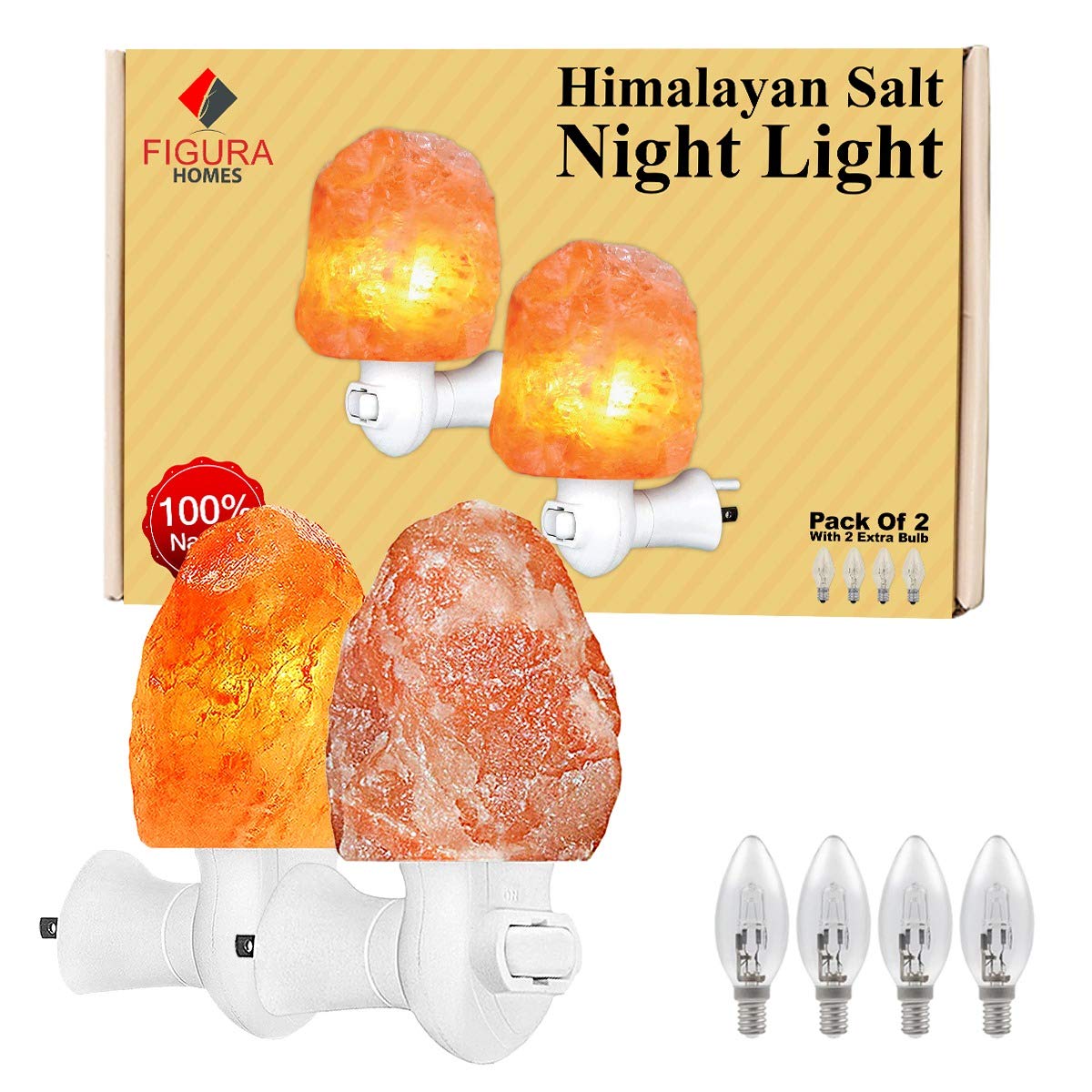 Figura Homes Salt Lamp Night Light, 2 Pack Himalayan Salt Lamp Nightlight With 4 Bulbs - Mini Decoration Himalayan Salt Night Li