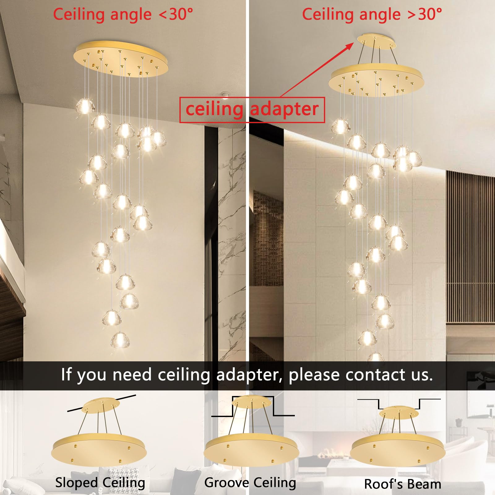 dolria Gold Crystal Chandelier - 157" Adjustable Ceiling Light, 20-Lights Round, LED for Living Room, Hallway, Entryway - Model PC0010-20G