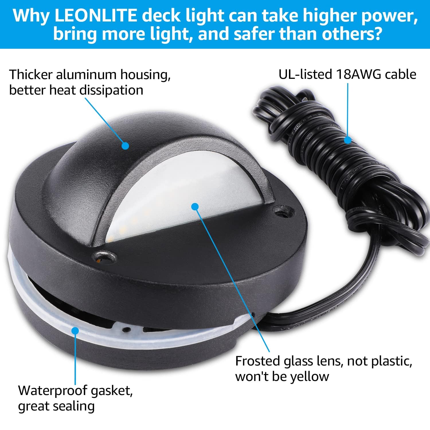 LEONLITE LED Low Voltage Deck Lights, 180LM, Die-cast Aluminum, 4.09 Inch, Black, Model 55219, 12-36V AC/DC,