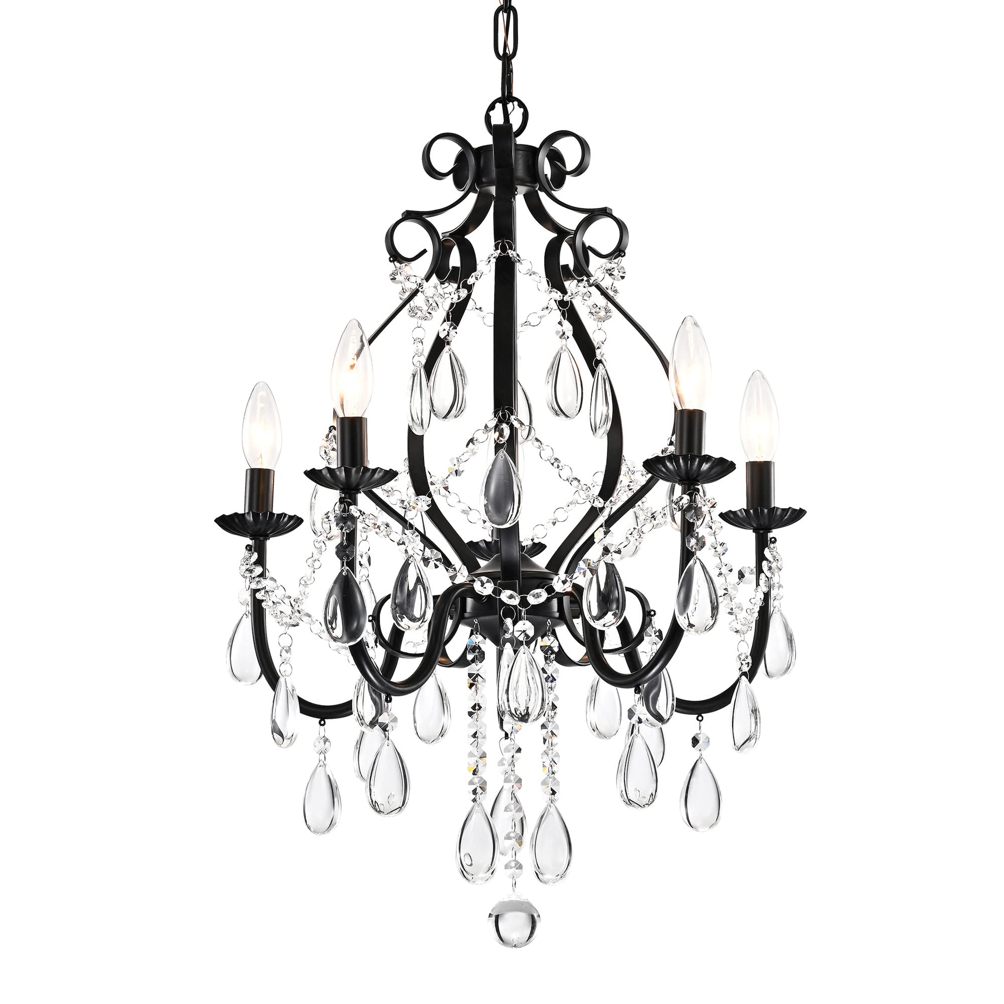 Edvivi Amorette Crystal Chandelier 5 Lights, Black Metal, Teardrop Crystals, Adjustable Ceiling Light For Foyer, Dining Room, Bedroom