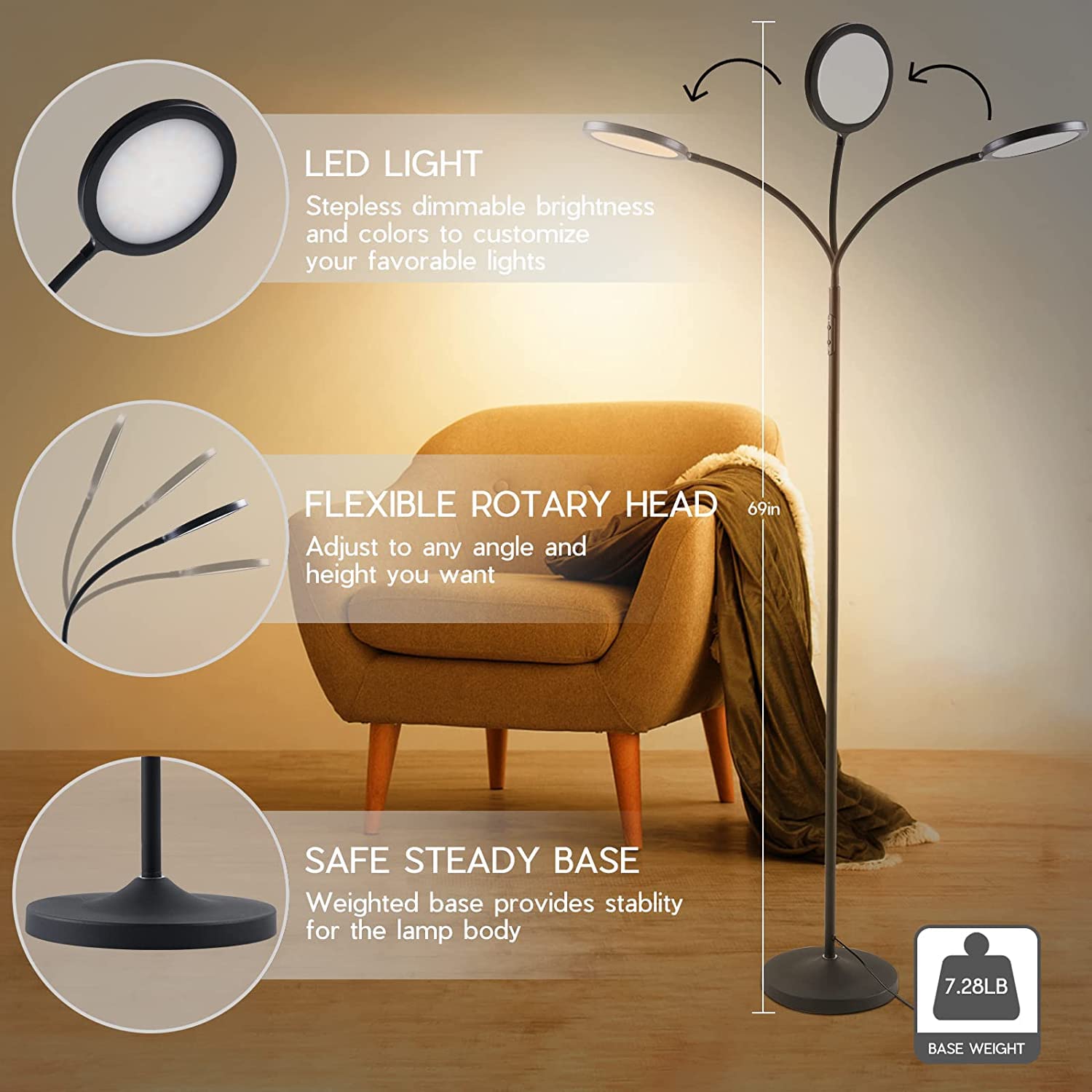 Tenmiro LED Floor Lamp - Modern Reading Light with Stepless Color & Brightness Adjustment, White, Model KS.FF.A1.024W.FC.091