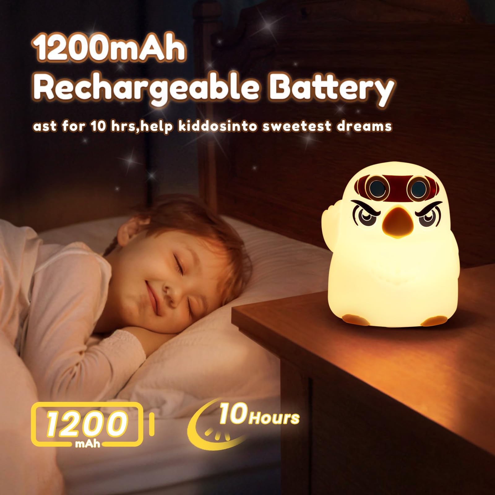 PVOGRT Night Light for Kids, 3 Levels Dimmable, Silicone, White, Model NL, Cute Eagle Design, LED Rechargeable Lamp for Toddler Bedroom