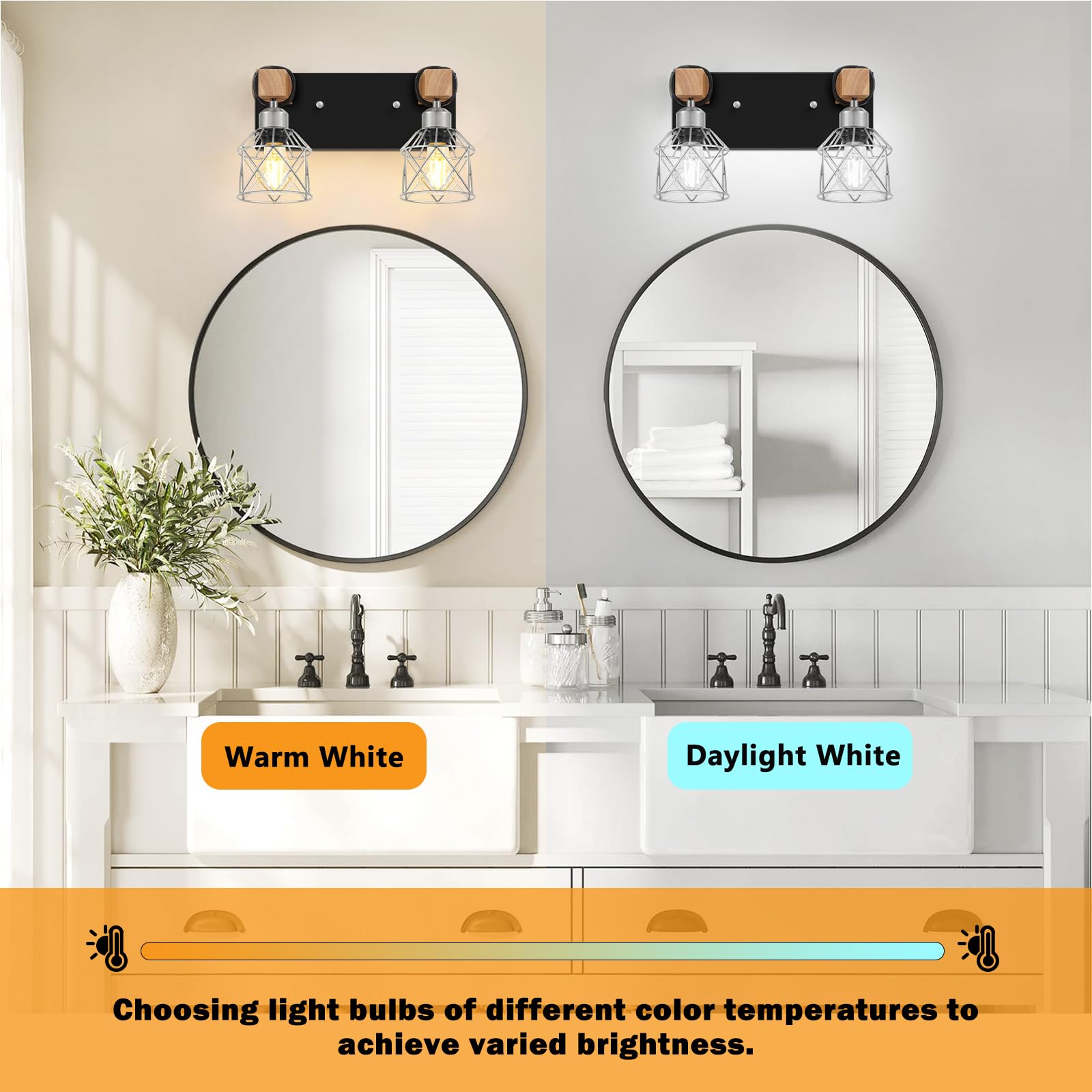 FadimiKoo Rustic 2-Light Bathroom Vanity Fixtures, Black & Silver Metal Shade, Wood & Metal, Model BS-XLZ-2 Lights